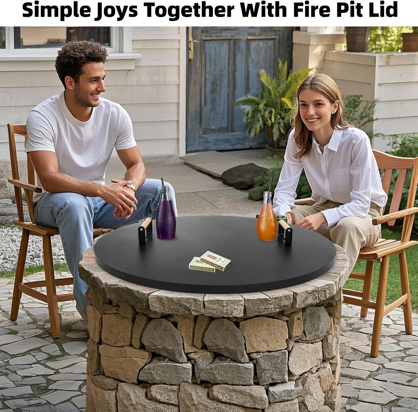 1MORE Fire Pit Lid Round 34" - Metal Firepits Cover with Wooden Handles for Patio Firepits,Rust Resistant 1.5mm Fire Pits Metal Lid, Firepits Accessory, Fire Pits Cover Round, All-season Protective
