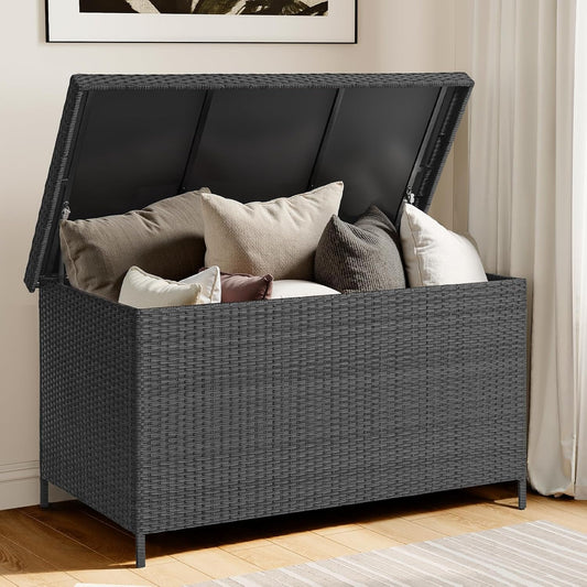 158 Gallon XL Deck Box with Lid, All Weather Wicker Outdoor Storage Box Waterproof, Large Outdoor Patio Storage Bin for Cushions, Garden Tools, Gears, Pool Accessories, Black