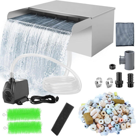 Pond Waterfall with Filter and Pump Kit, 304 Stainless Steel Waterfall Box for Ponds, 11.8in Spillway, 800 GPH Submersible Pump, 9.8' Hose, Sponge Filter, for Garden Pond, Water Feature, Aquaponics