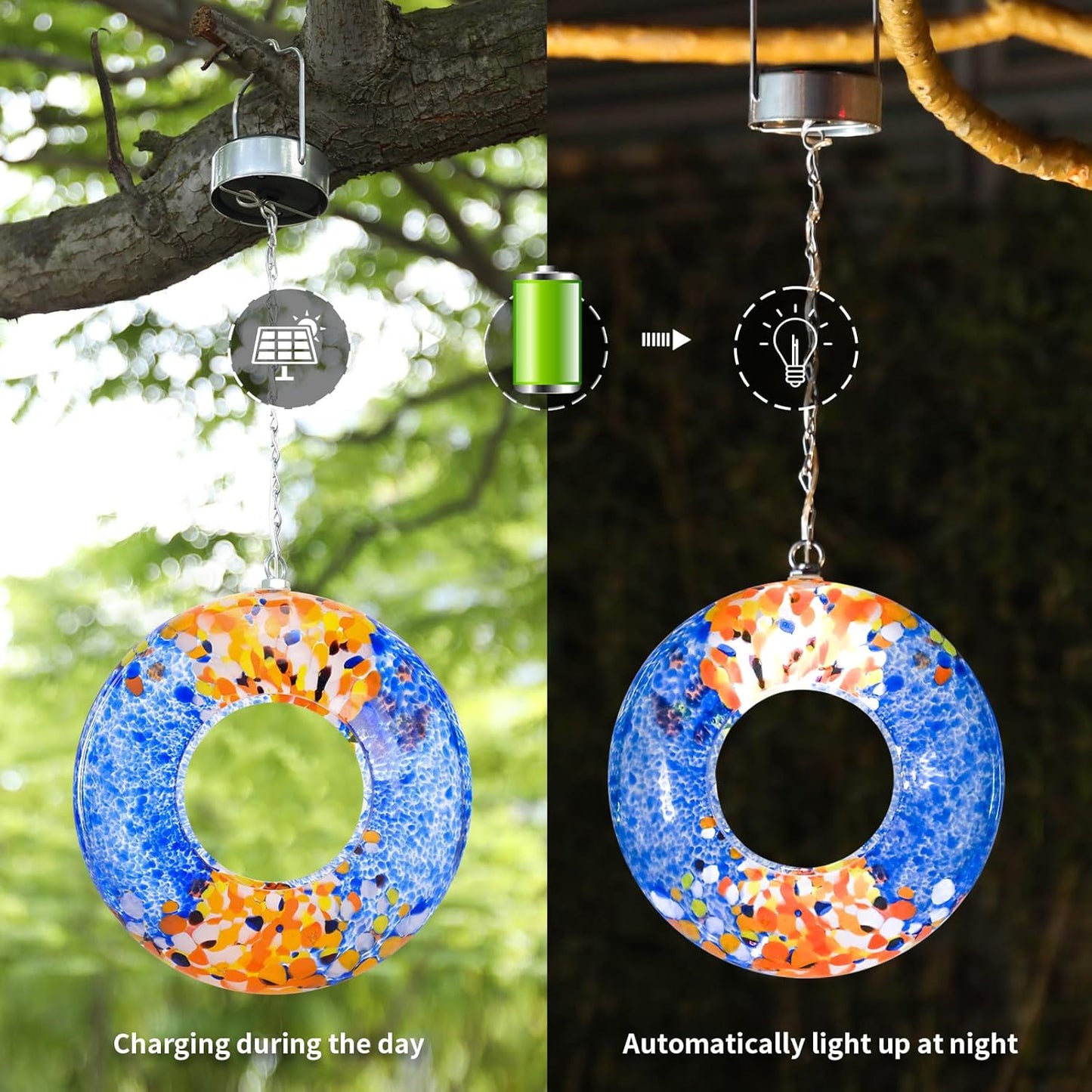 VCUTEKA Bird Feeder Solar Fly Through Bird Feeders for Outside Hanging with Round Shape Glass Container to Attract Wild Birds for Garden Decor, Solar Birdfeeder as Gift for Lovers, Multi 8-Inch