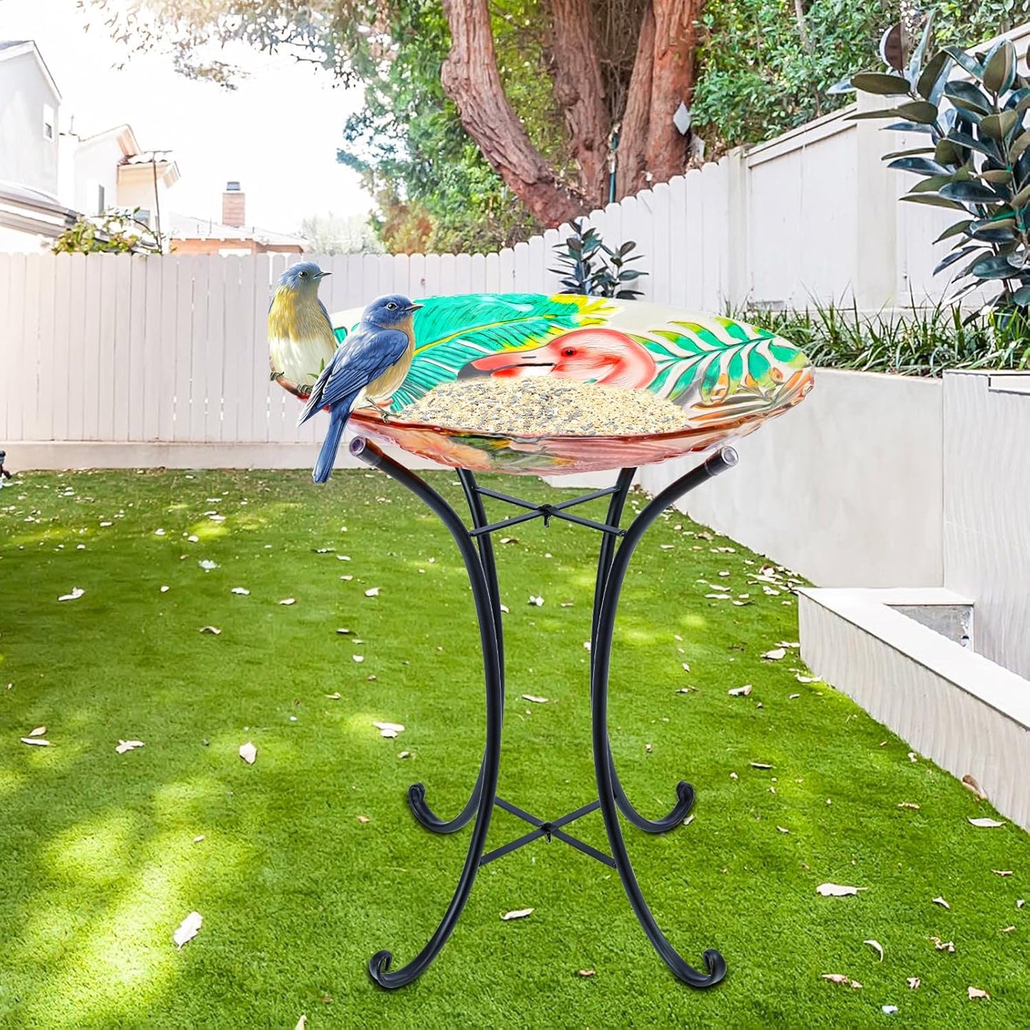 MUMTOP Outdoor Glass Birdbath with Metal Stand for Outside Yard Garden Decor, 18 inch Diameter Flamingo Bird Baths Bowl for Outdoors, 21.65 inch Height