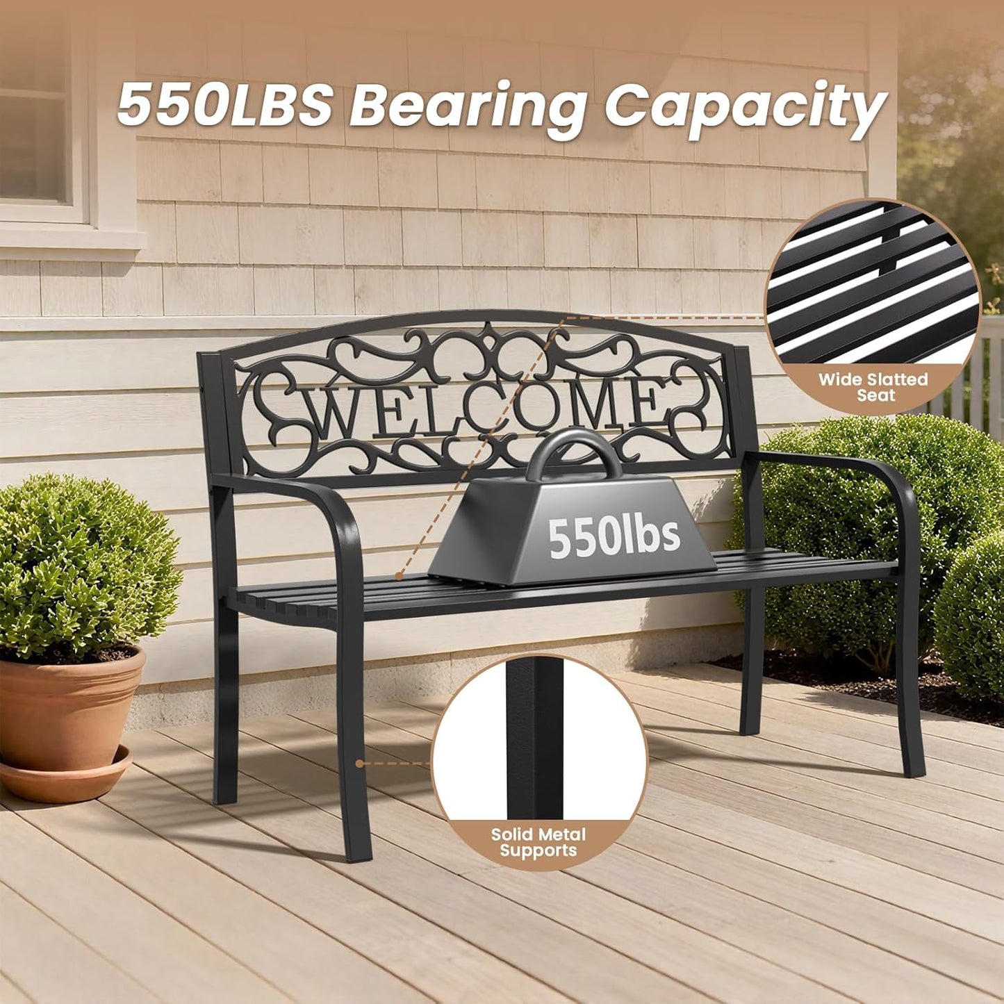 50'' Outdoor Garden Bench, Weatherproof Wrought Iron Metal Patio Bench with Mesh Pattern Backrest, for Front Porch, Park, Yard, Gardens