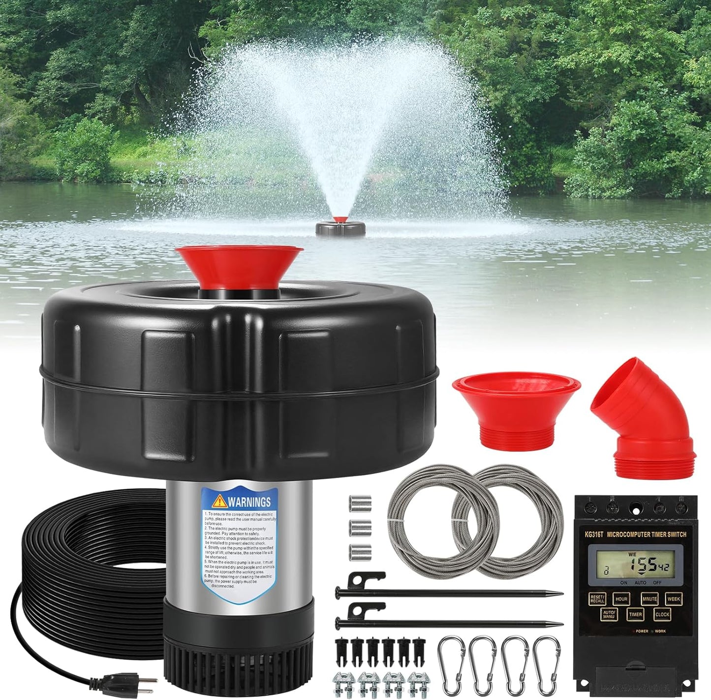 Floating Pond Fountain Aerator, 15AWG 100FT Power Cord, 1HP 15000 GPH Stainless Steel Large Pump Lake Water Fountains with Timer - 110V 750W