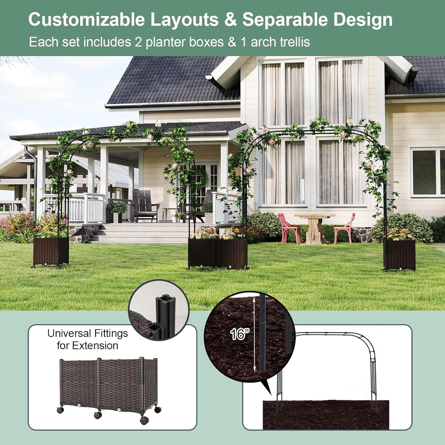 Giantex 6.6 FT Garden Arch with Trellis & 2 Planter Boxes, Tall Arbor for Climbing Vine, Flowers, Decorative Gate for Wedding Ceremony Party (Brown+Black)