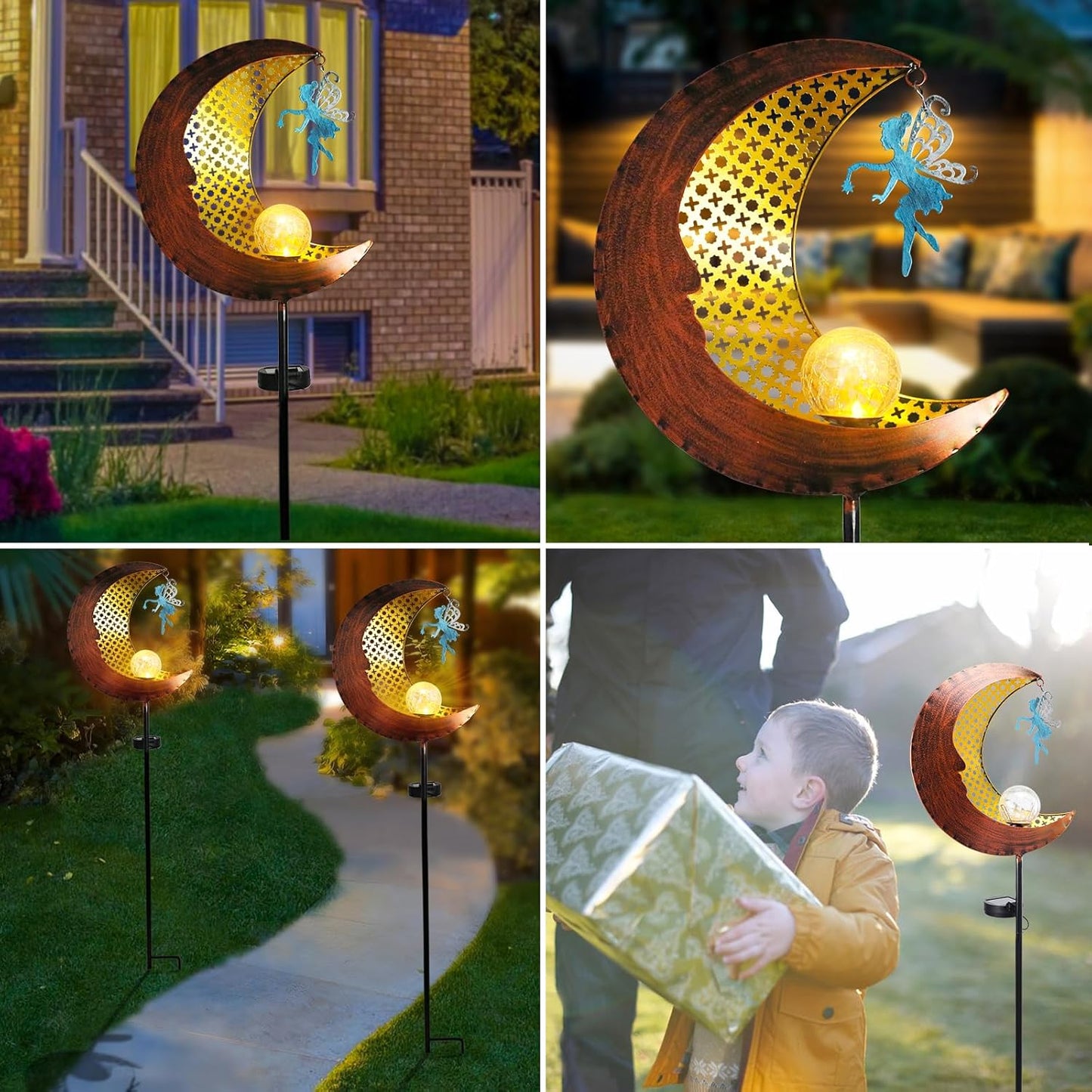 Bshine Moon Solar Light Outdoor Garden Decoration, Moon Fairy Garden Statue Outdoor Decor,Metal Waterproof Light Stake for Patio, Path, Yard and Lawn Ornament, Housewarming Gift for Mom,Bronze