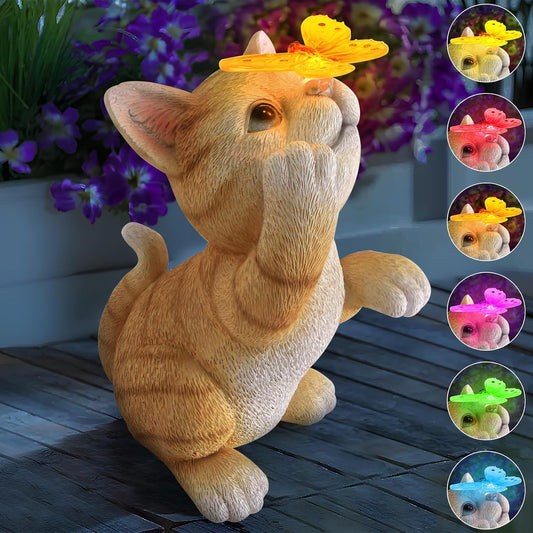 Solar Garden Statue Cat Figurine,Resin Cat Statue Playing Butterfly,Outdoor Decoration for Patio,Balcony,Yard, Lawn-Unique Housewarming Gift for Garden Mom Grandma