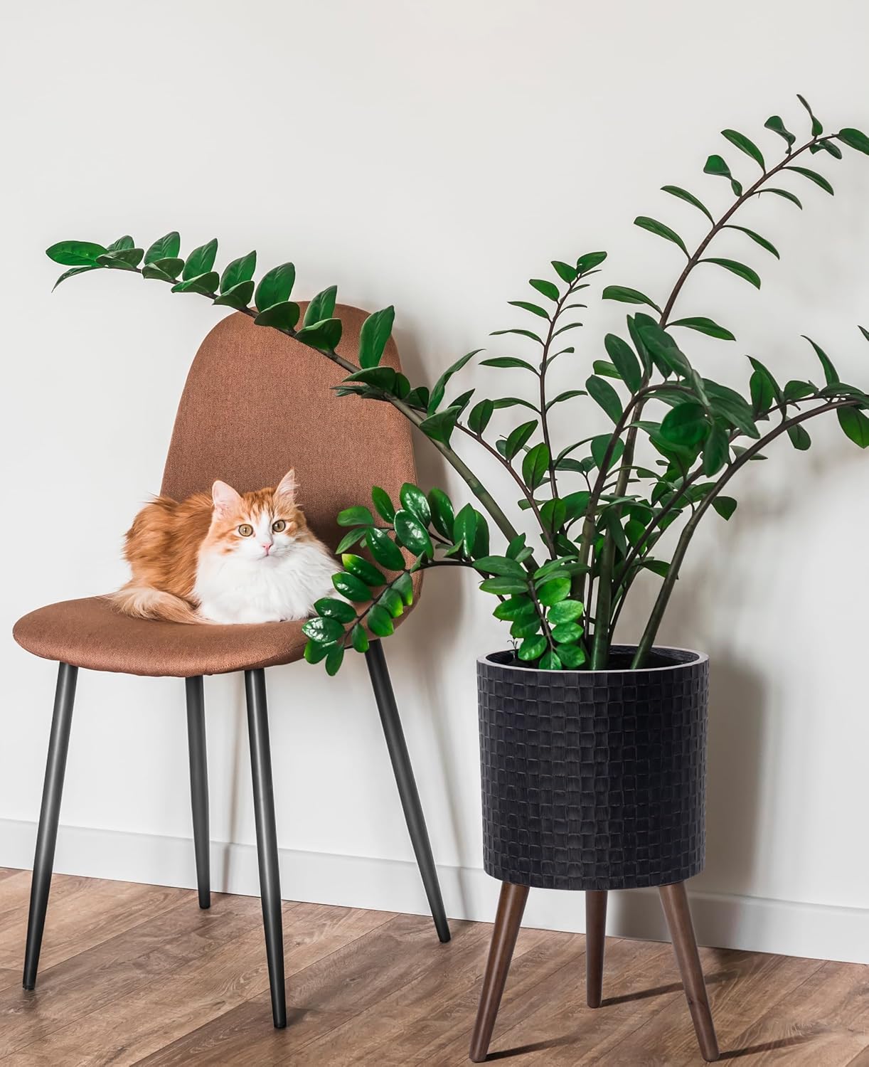 D'vine Dev 12 Inch Modern Geometric Tile Patterned Sleek Planter Pot with Stand, Indoor Outdoor Decorative Plant Holder, Distressed Black, 88-Z-C-5