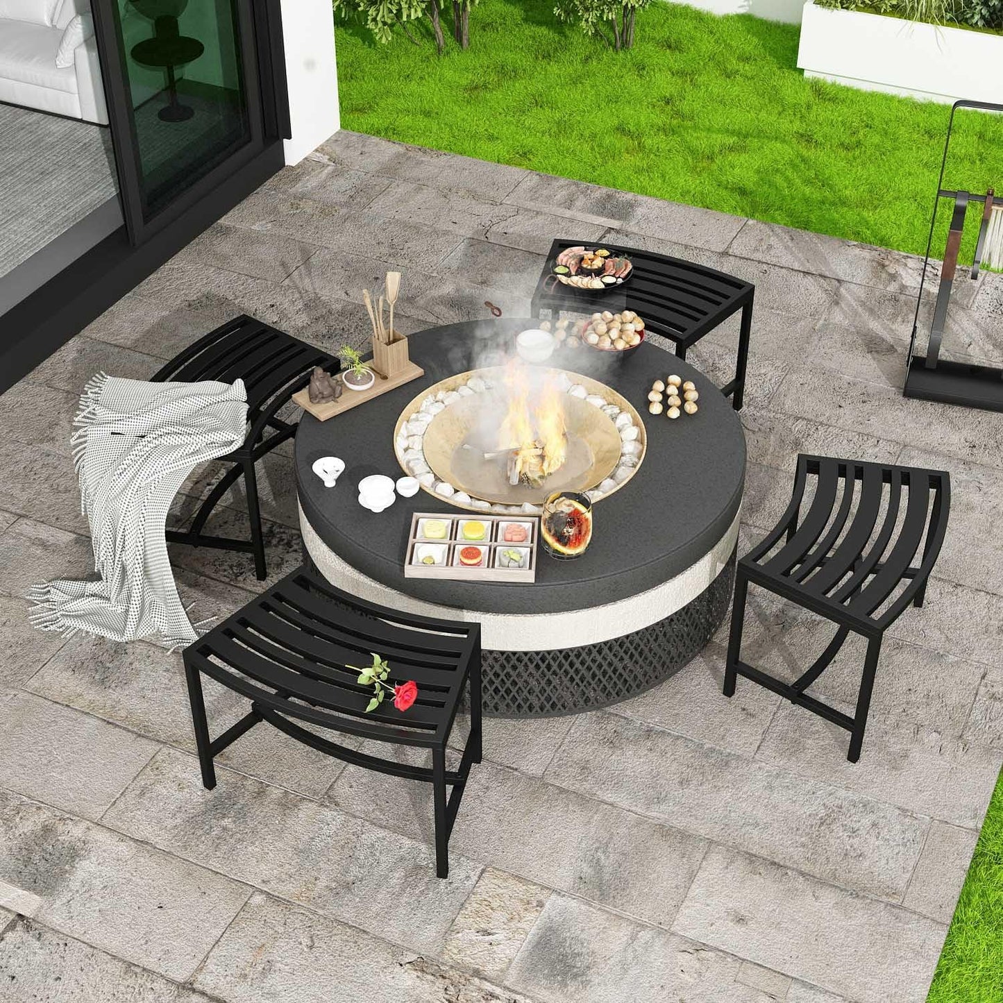 Metal Curved Fire Pit Bench Set of 4, Outdoor Fire Pit Seating, Steel Backless Outside Fire Pit Bench for Garden, Patio, Porch, Backyard, Plant Stand, Heavy Duty Plant Holder, Style 3, Black