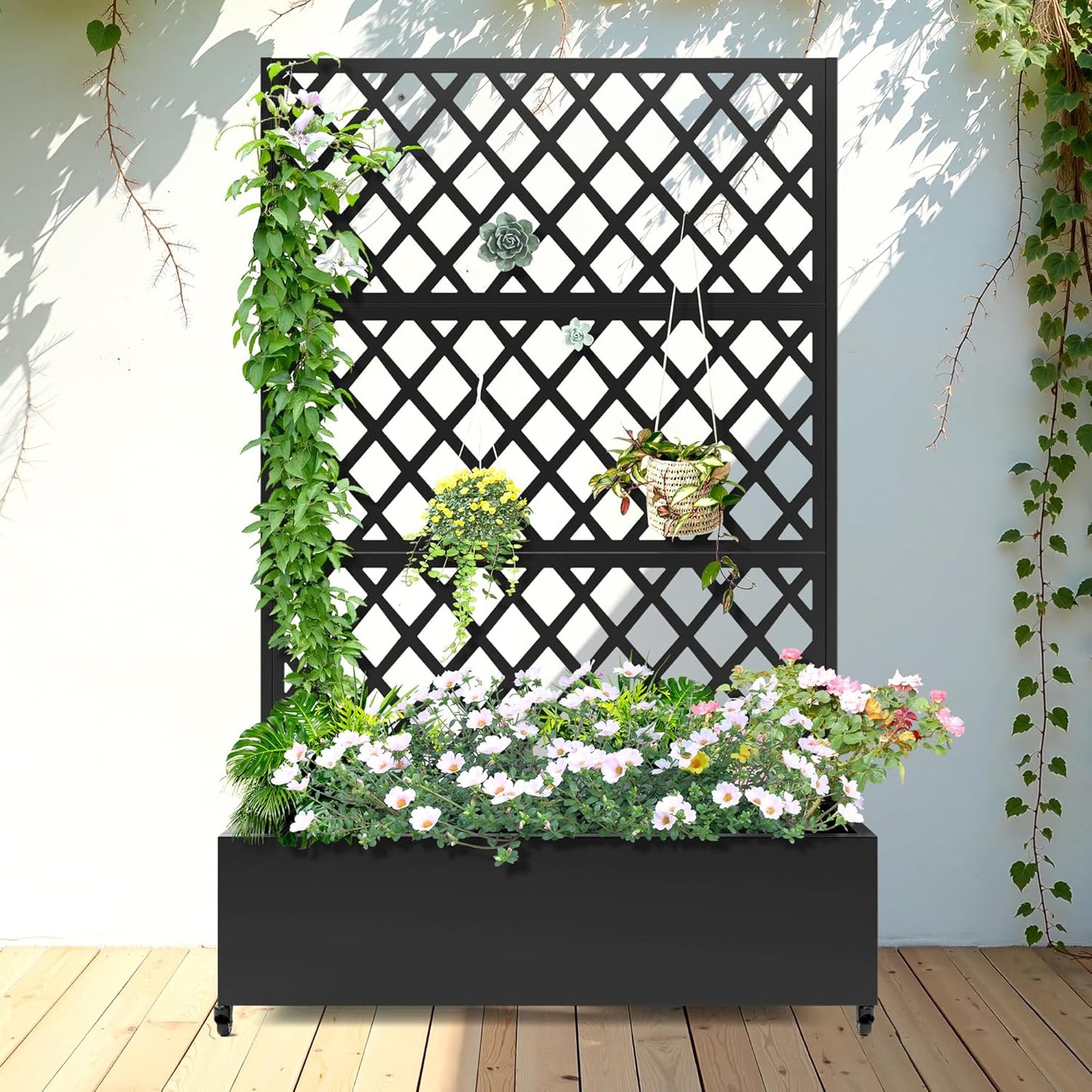 FENCY Metal Planter Box with Diamond Lattice Trellis Planter Box for Climbing Plants/Vines, Galvanized Raised Garden Bed On Wheels, Garden Bed with Trellis(73"x47" Black)