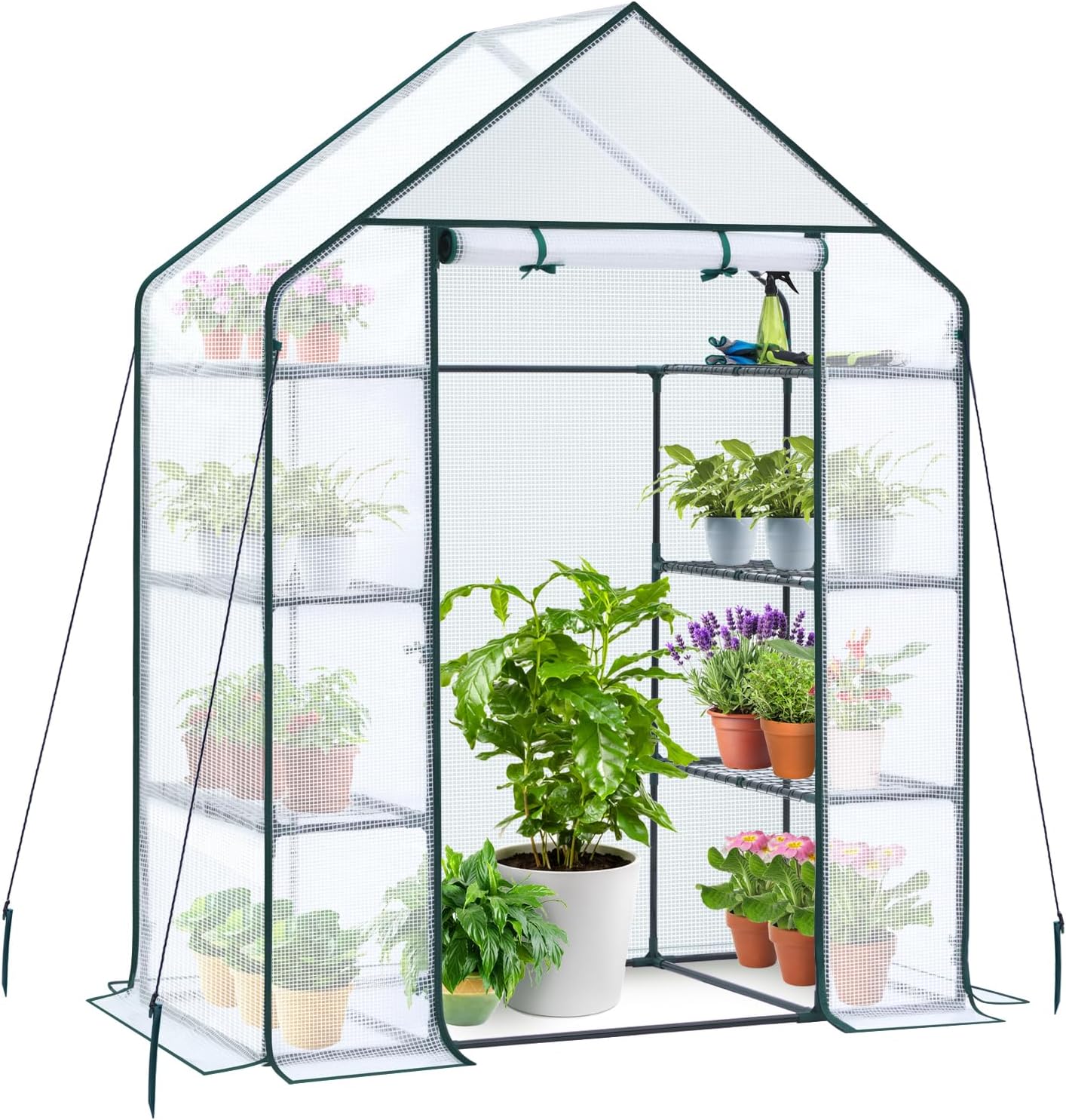 Ohuhu Small Greenhouse for Outdoors: 4 Tiers 6 Shelves Walk-in Indoor Green House Heavy Duty Plant Stands Reinforced Plastic PE Cover Mini Portable Warm House for Outside, 4.8x2.5x6.4 FT White