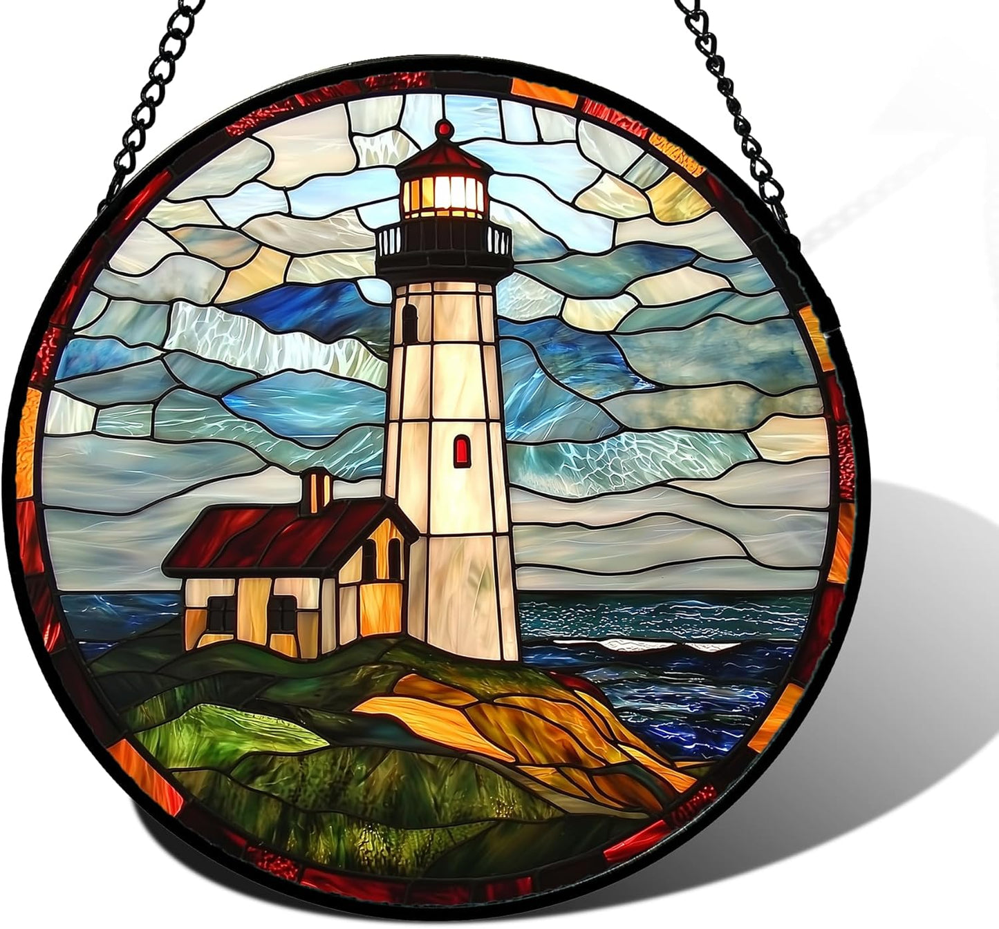 Stained Glass Window Hanging, Ocean Lighthouse Sun Catchers Glass Panel Blue Green Suncatcher Decor for Birthday for Women, Men, Wife, Aunt, and Mom 9.8 in
