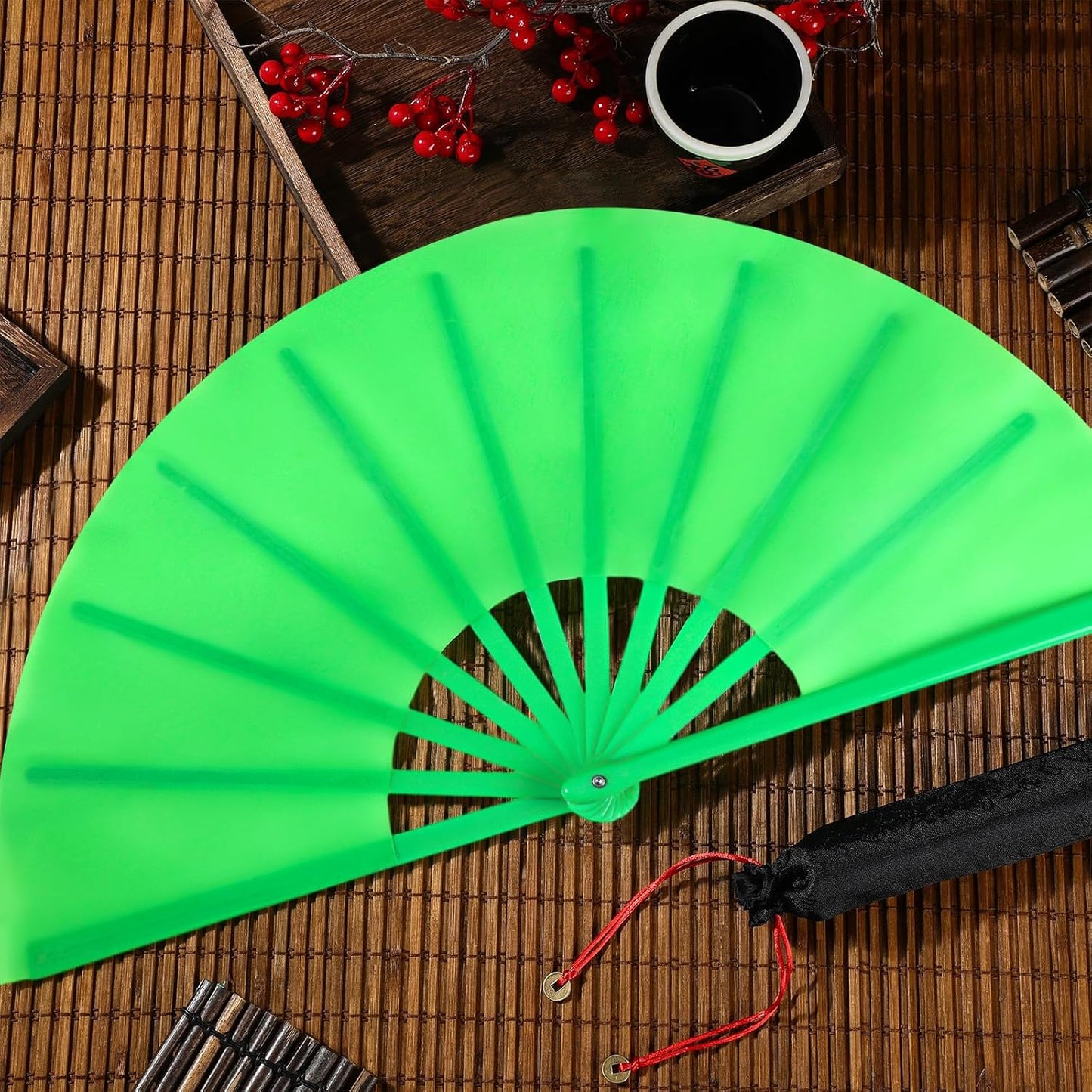 Maitys 2 Packs Large Clap Fans for Line Dancing Large Chinese Folding Hand Fans for Men and Women, Festival, Tai Ji, Kungfu, Martial Art, Gifts (Green and Red)