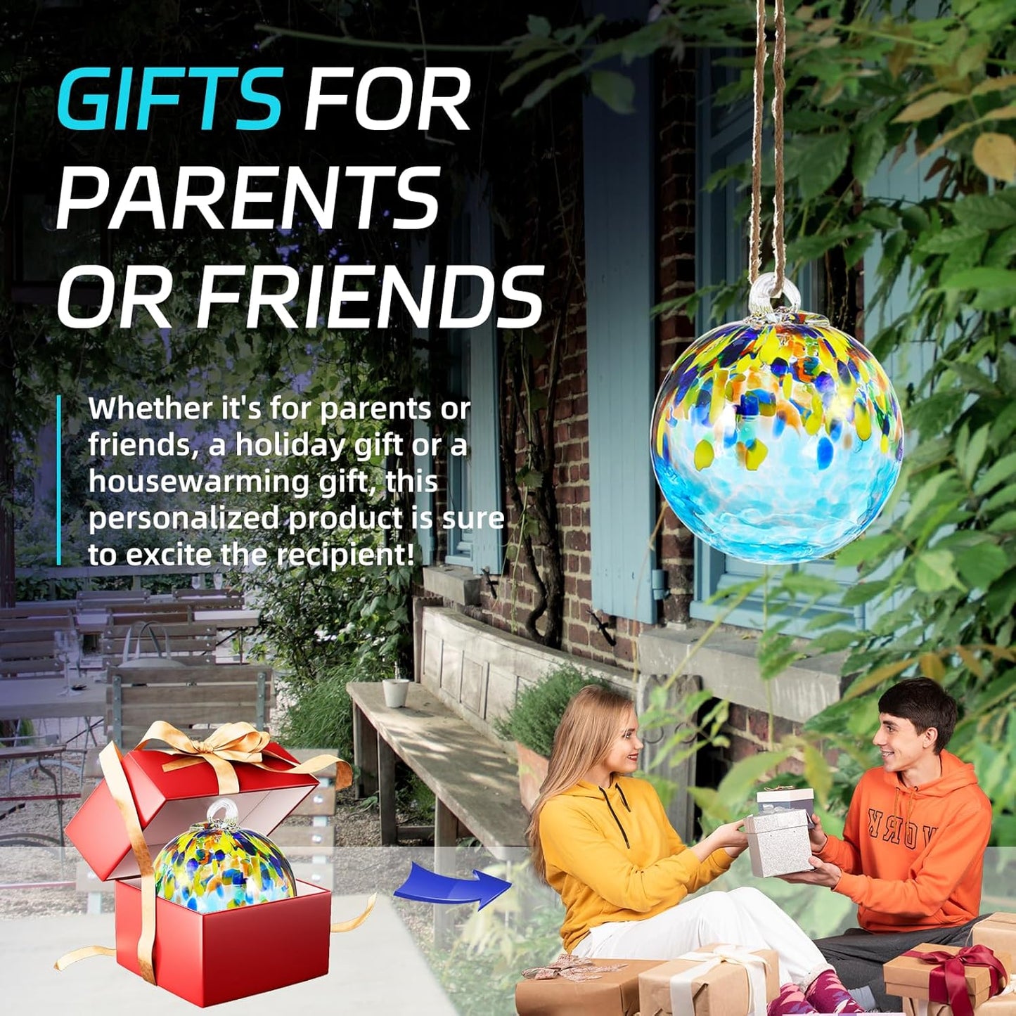 VOREEN 4" Hanging Glass Garden Gazing Ball Hand Blown Glass Witch Ball Christmas Ornament Friendship Balls for Outdoor Garden Patio Window Home Décor, Gift for Mom Wife Friend, Blue Ocean