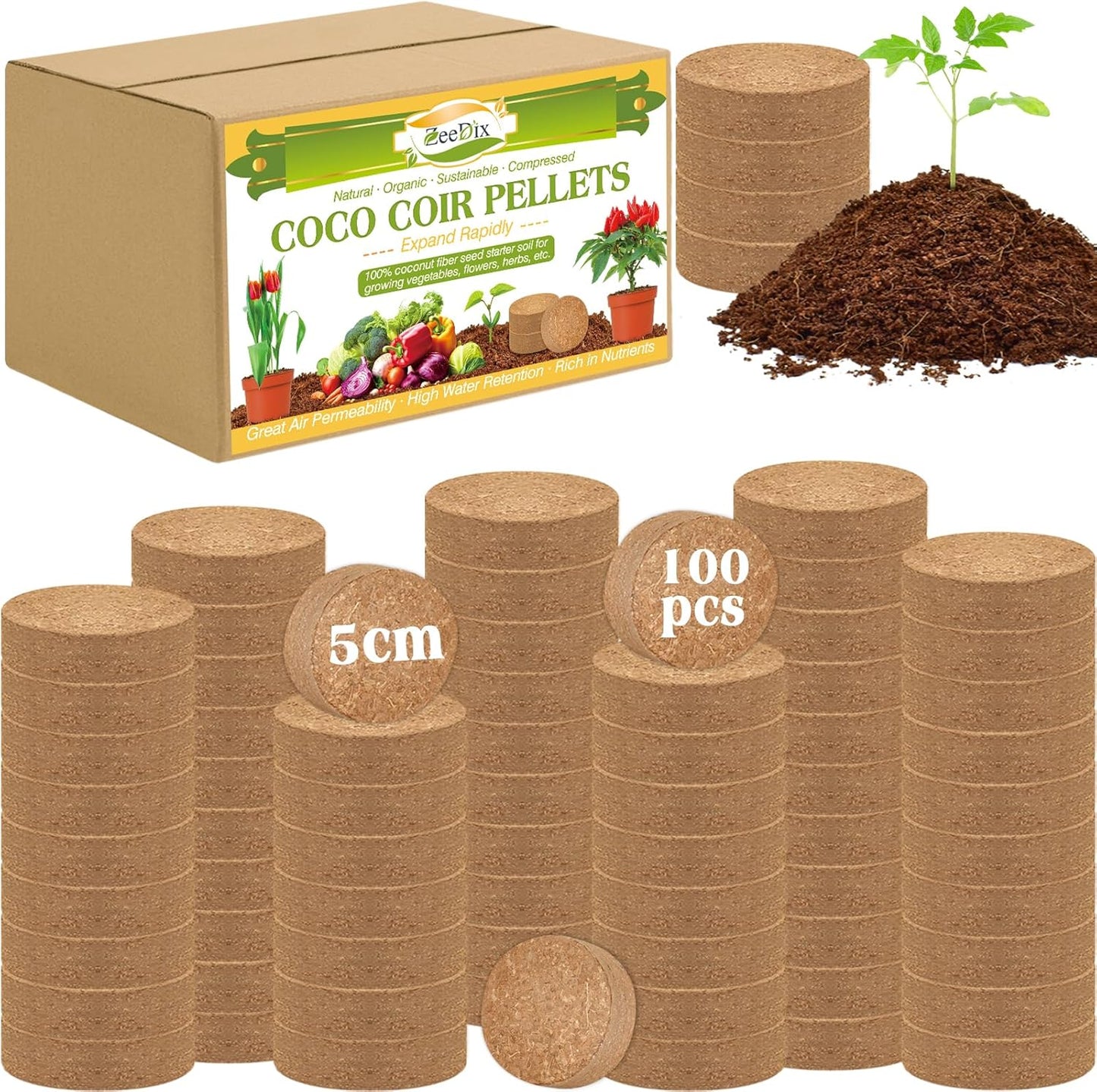 ZeeDix 100pcs 50mm Coco Coir Pellets, Compressed Coconut Coir Seed Starter Pellets Potting Soil Indoor Plants Soil Discs for Planting Flowers Bonsai Herbs Plants and Vegetables