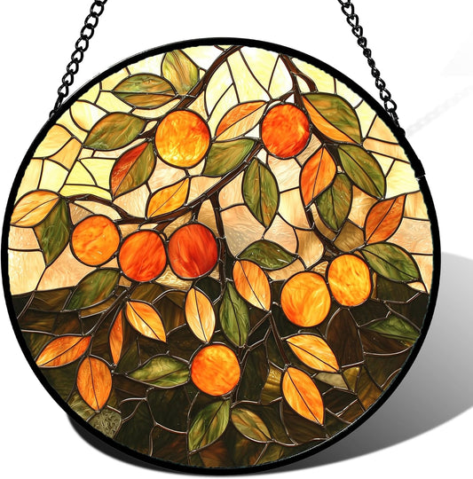 Stained Glass Suncatcher, Orange Green Fruit Tree Sun Catcher Landscape Stain Glass Window Hanging Decoration Mother's Day Birthday Gifts for Women Men Mom Nana 15 in