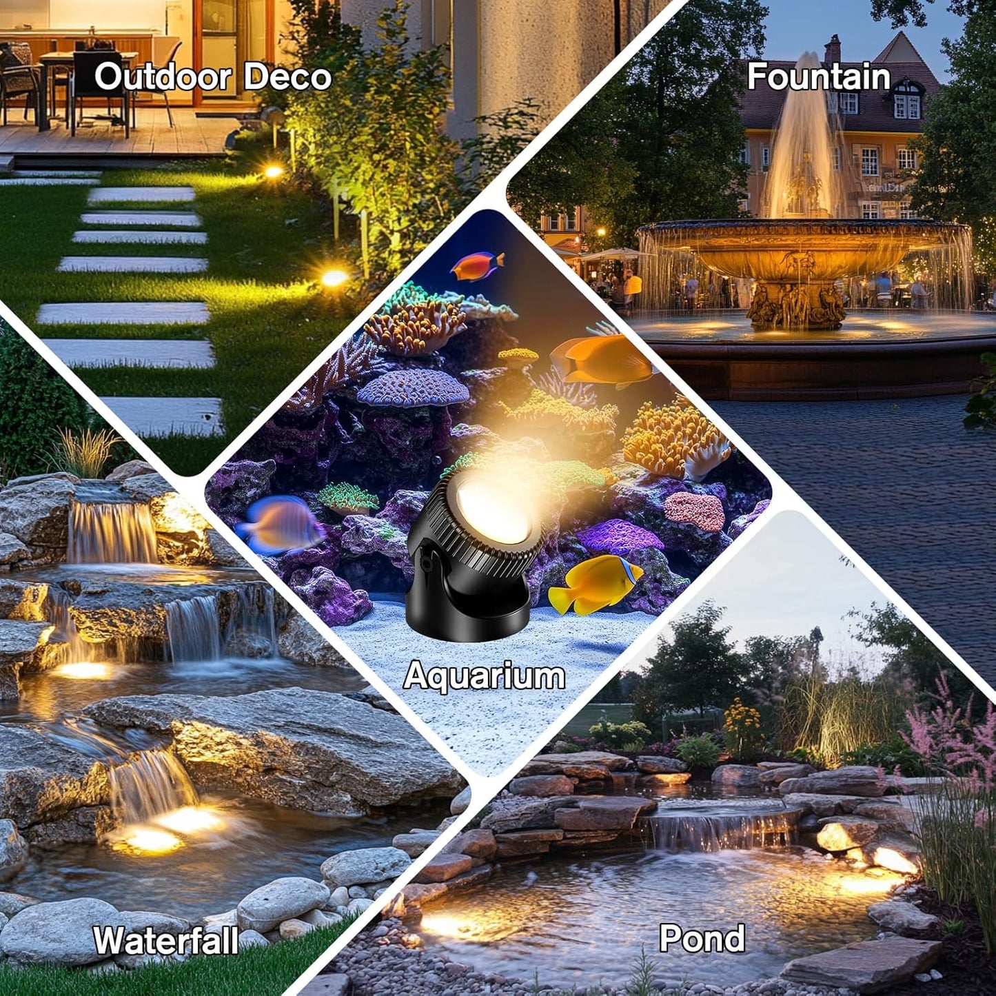 POPOSOAP Pond Lights, 6-in-1 Warm White Underwater Pond Lights, IP68 Waterproof LED Landscape Spotlights for for Pond, Garden, Patio, Fountain, Pool, Waterfall Decoration(6 Head Lamps)