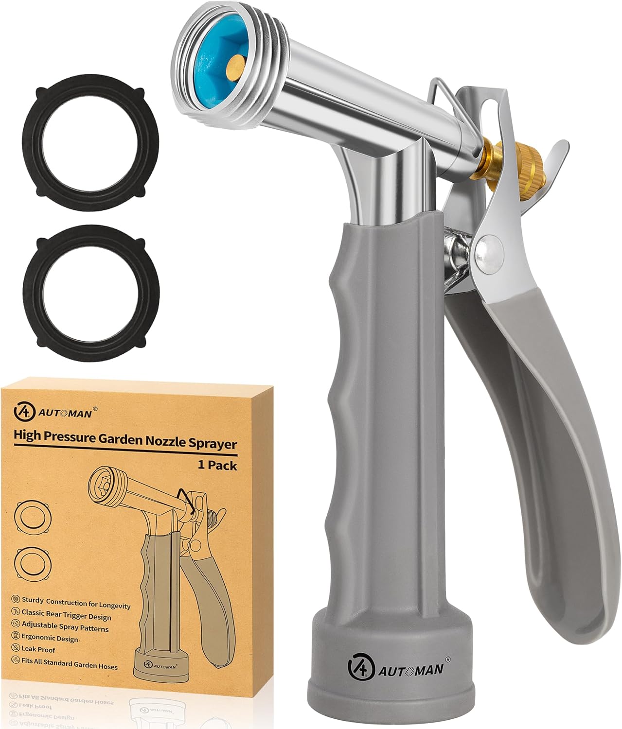 AUTOMAN Full Size Garden Hose Nozzle, High Pressure Pistol Grip Water Nozzle Sprayer with Threaded Front, Adjustable Spray Water Flow for Washing Car, Cleaning Ground, Watering Plants, Showering Pets