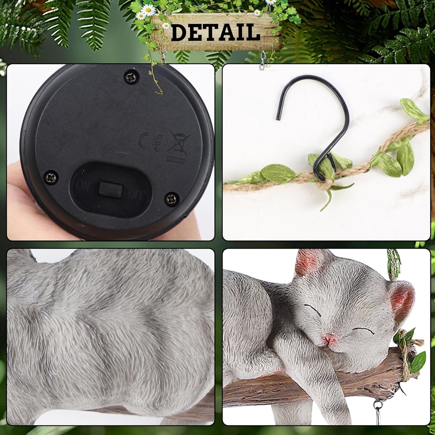 Solar Lighted Garden Outdoor Statue, 22.6" H Hanging Swing Lying with A Sleeping Cat and A LED Lantern, Resin Animal Figurine Hanging Ornaments with Hook for Decoration & Gift