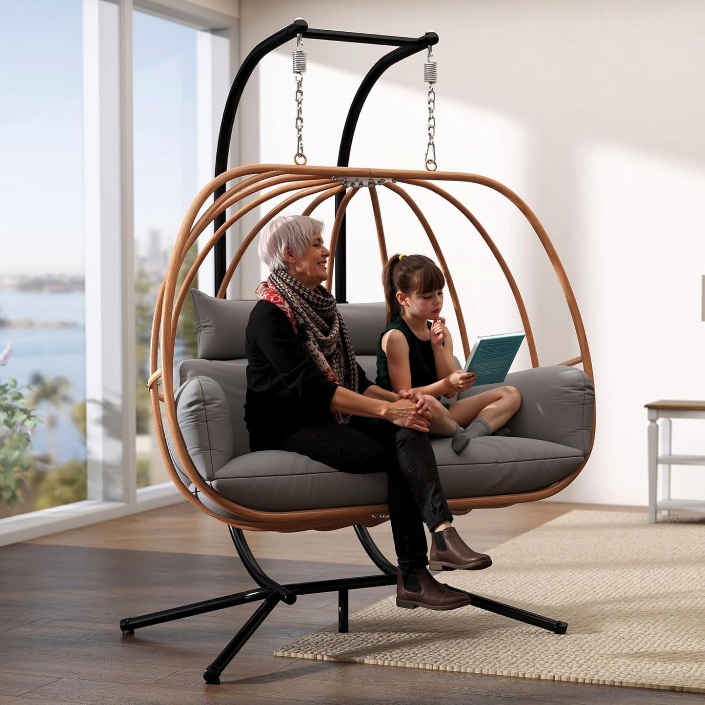 Double Egg Swing Chair Outdoor, 2 Person Egg Chair Outdoor with Cushions, Imitation Rattan Hanging Egg Chairs Basket, Hanging Chairs with Stand, Metal Nest Swing Egg Chair for Balcony, Grey