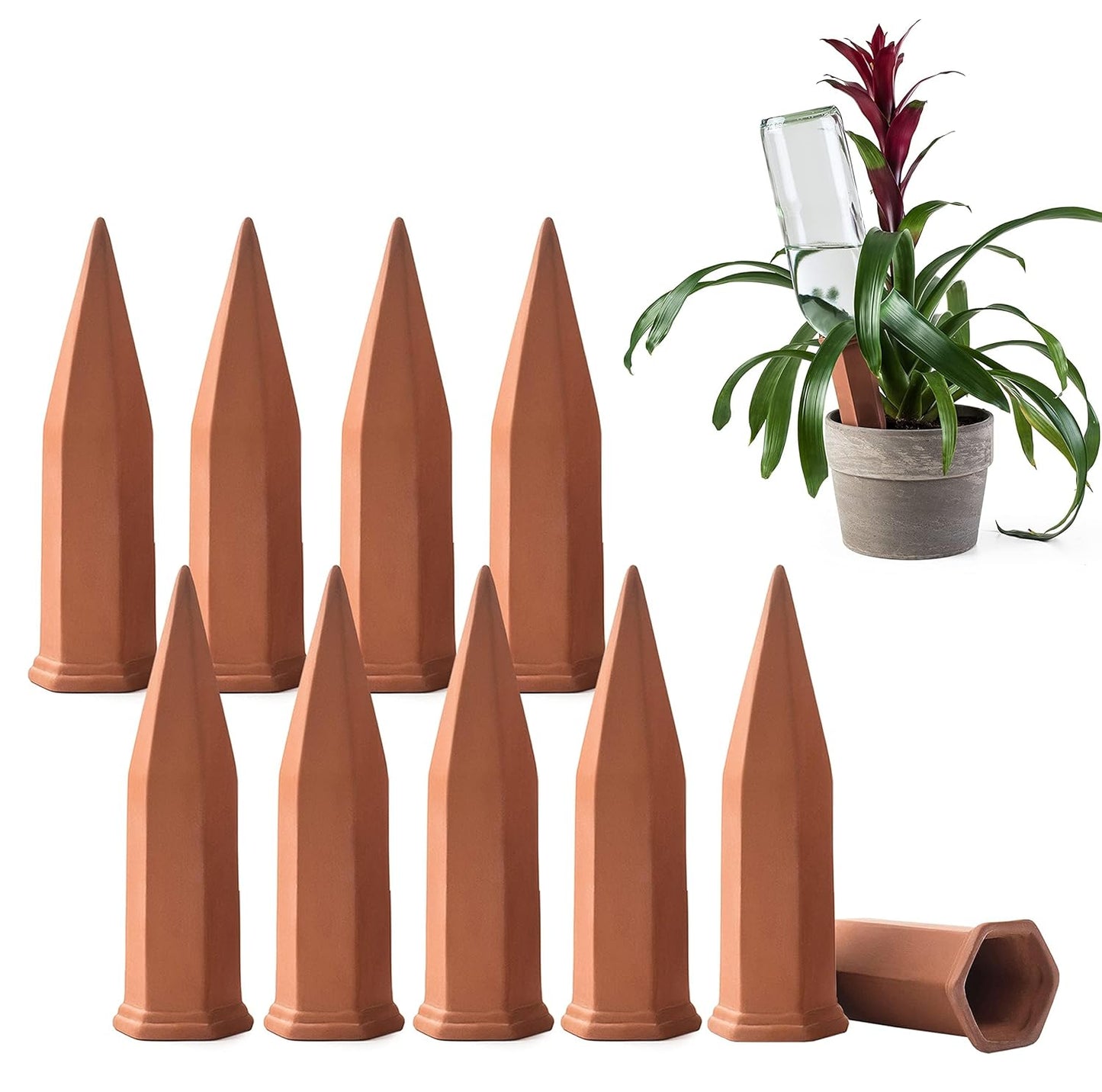 Modern Innovations Ceramic Terracotta Self Watering Spikes (10 Pack) Vacation Automatic Plant Waterer Devices, Indoor/Outdoor Planter Insert, Terra-Cotta Stakes for Potted Plants, Auto-Water System