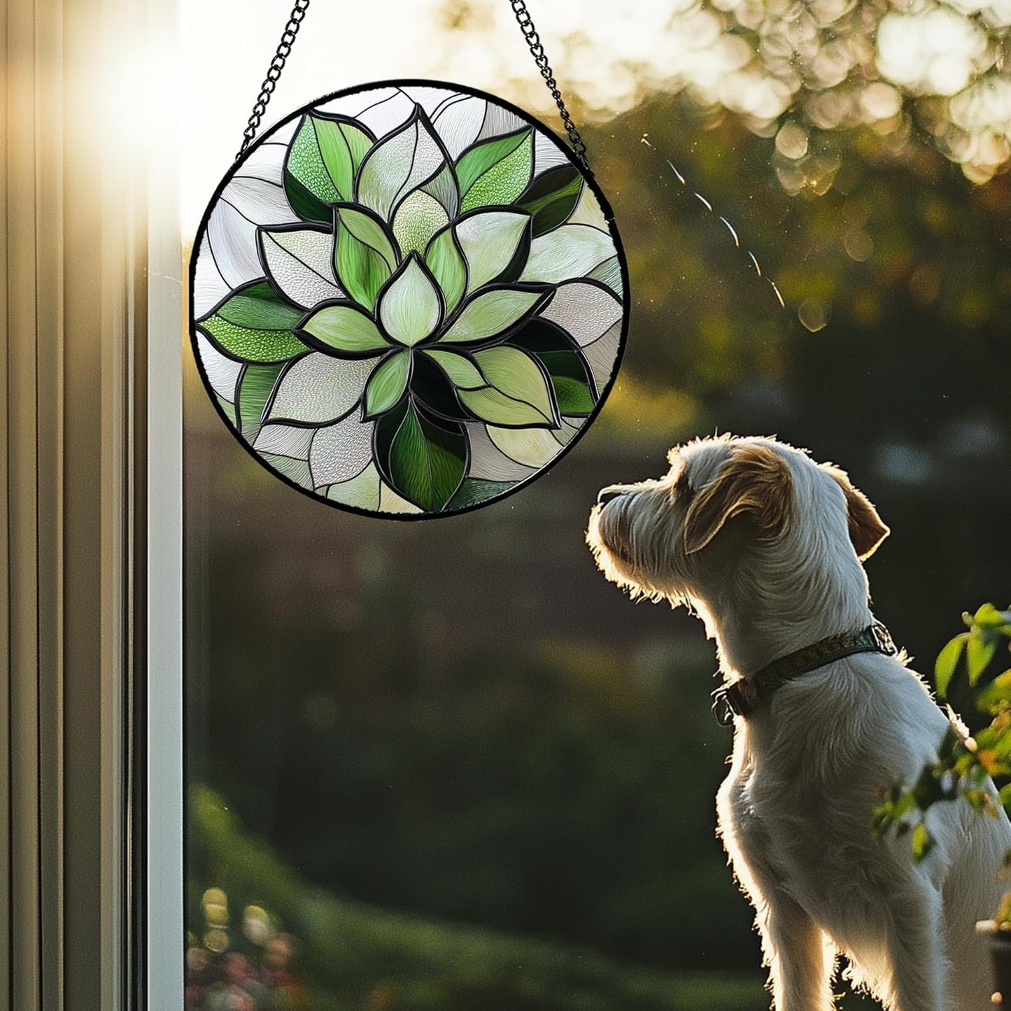 Stained Glass Window Hanging - Green Succulent Plants Suncatcher for Doors Garden Patio Floral Sun Catchers Decor Christmas Mother's Day Birthday Gifts for Women Men Mom Nana Friend 11.8 in