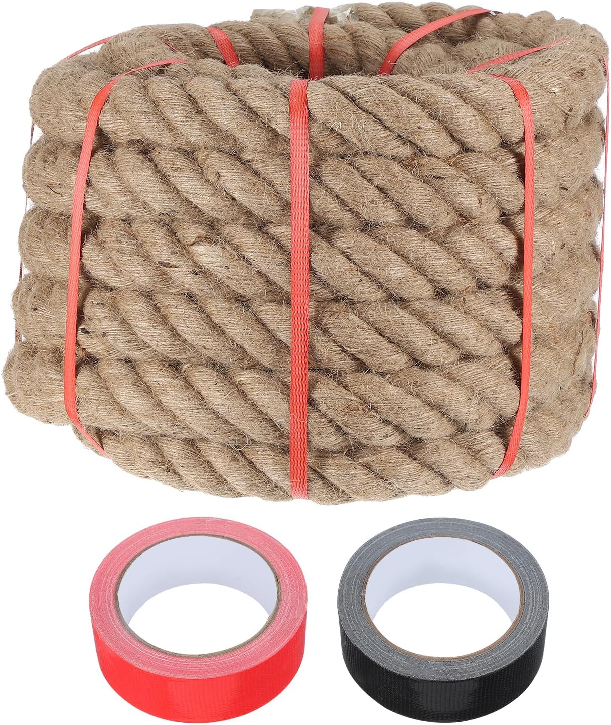 MECCANIXITY Jute Rope 2 Inch x 44ft, Thick Twine Rope Ropes Braided Jute Twine Natural Brown Burlap Cord String Heavy Twisted with Tapes for Decorative Crafts Railing Swing Tug of War