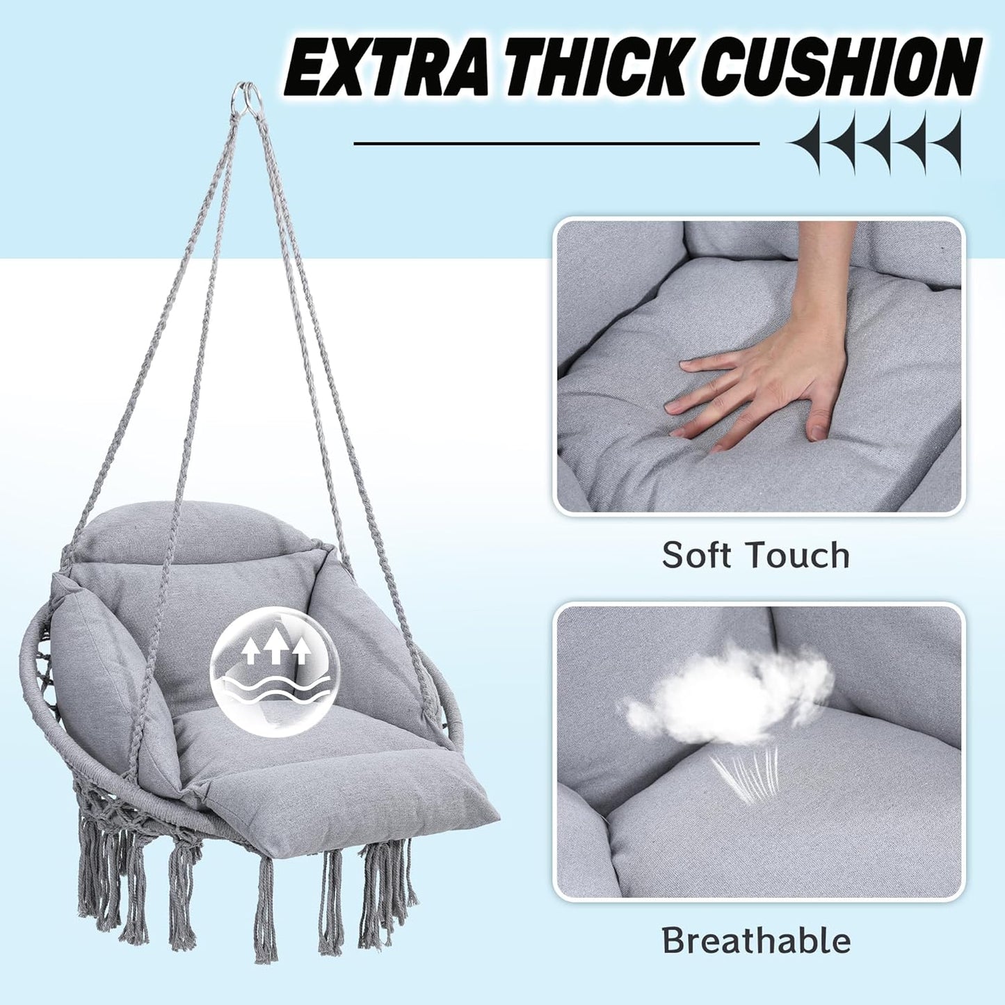 Macrame Hammock Hanging Swinging Chair with Oversized Cushion, Perfect for Bedroom, Porch, Kids, Adults, Balcony, Grey