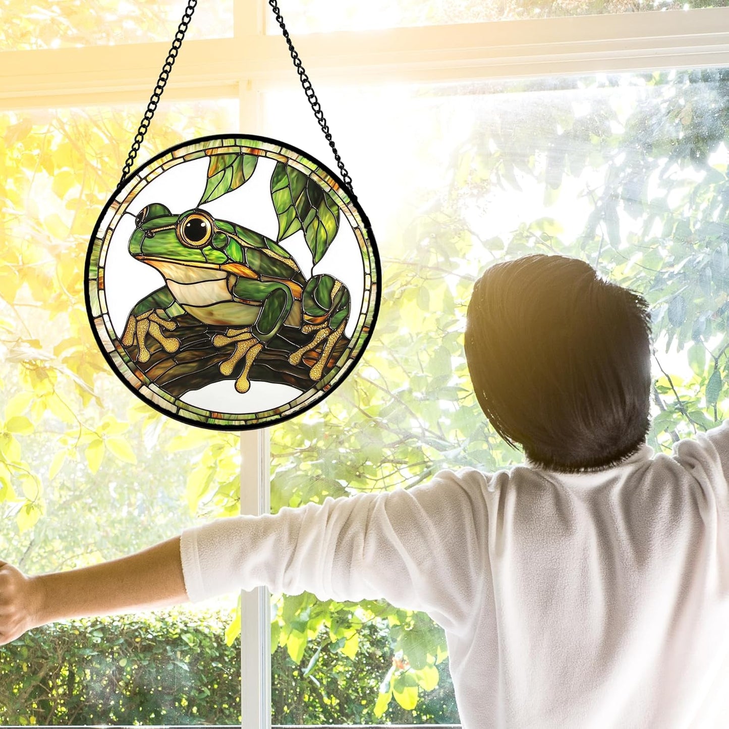 Stained Glass Window Hanging, Frog Green Leaf Sun Catchers Colorful Glass Panel Cool Suncatcher Decor for Birthday for Women, Men, Wife, Aunt, and Mom 9.8 in