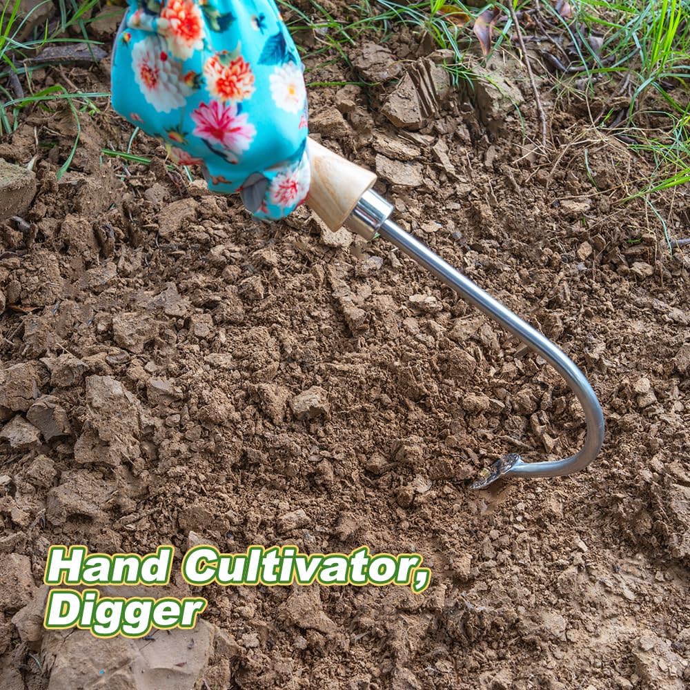 Berry&Bird Weed Puller, Crack Weeder Cultivator Garden Hand Tool, Durable Curved Head Hook & Wooden Handle, Garden Digging, Edging, Planting Remover for Patio Lawn Yard Moss Terrace Paving