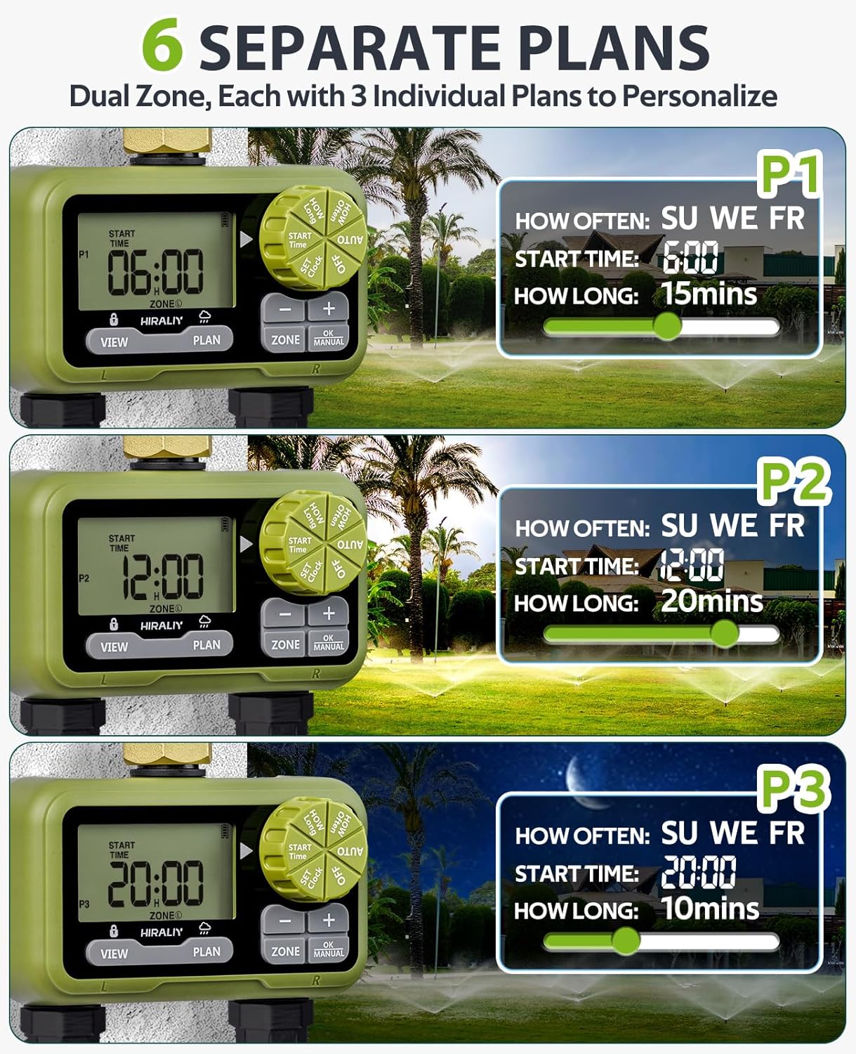 HIRALIY Sprinkler Timer, Water Timer for Garden Hose 2 Zone, Programmable for Watering, Automatic Irrigation System for Yard Lawn, Brass Connector, IP65 Waterproof