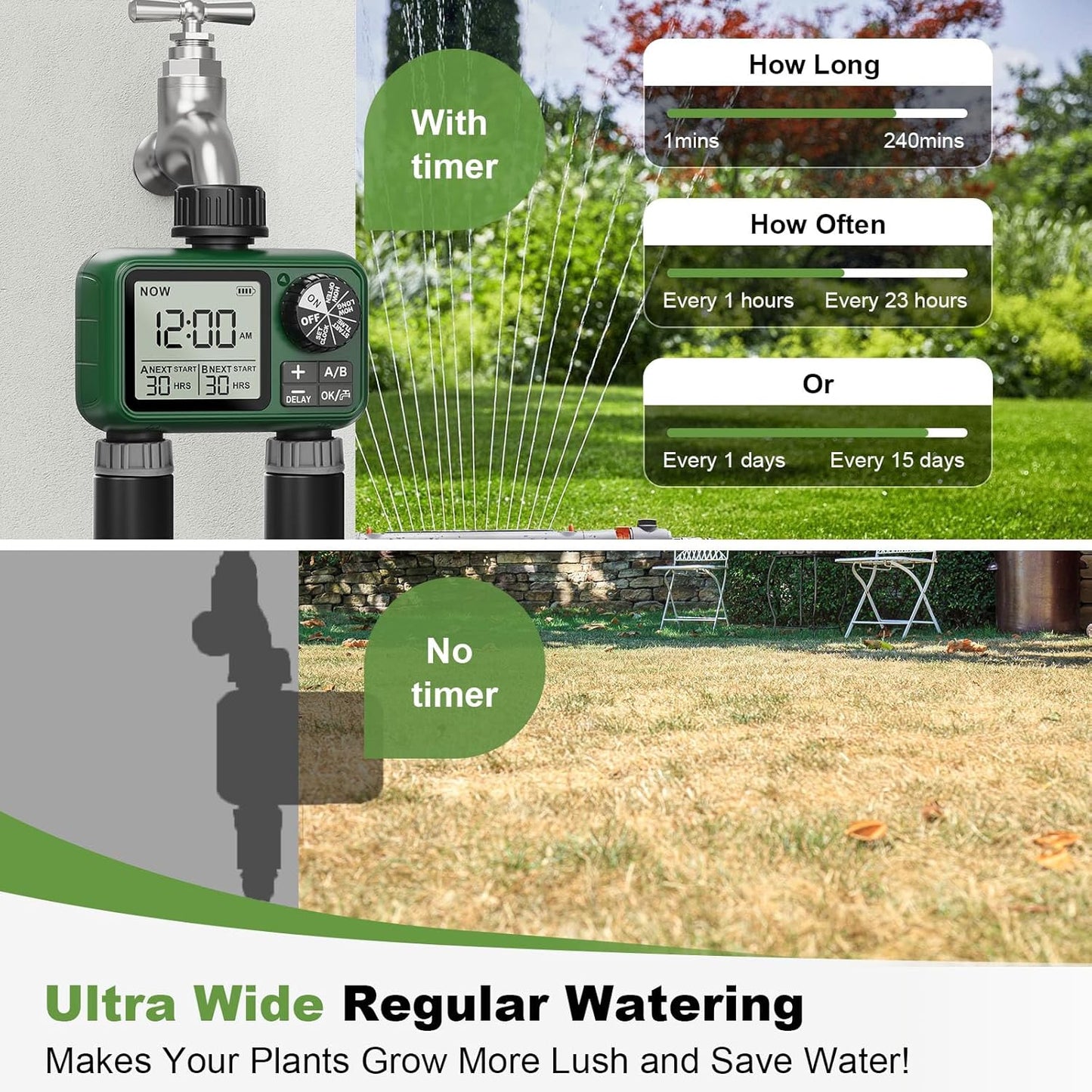 2 Outlet Sprinkler Timer, XinFuture Water Timer, Programmable Garden Hose Timer with Rain Delay, Manual& Automatic Watering System, Waterproof Irrigation Controller for 2 Separate Watering Zones