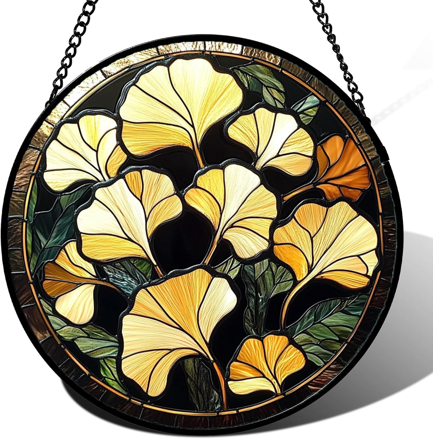 Stained Glass Window Hanging - Ginkgo Leaf Suncatcher for Doors Garden Patio Retro Fall Decor Sun Catchers Christmas Mother's Day Birthday Gifts for Women Men Mom Nana Friend 9.8 in