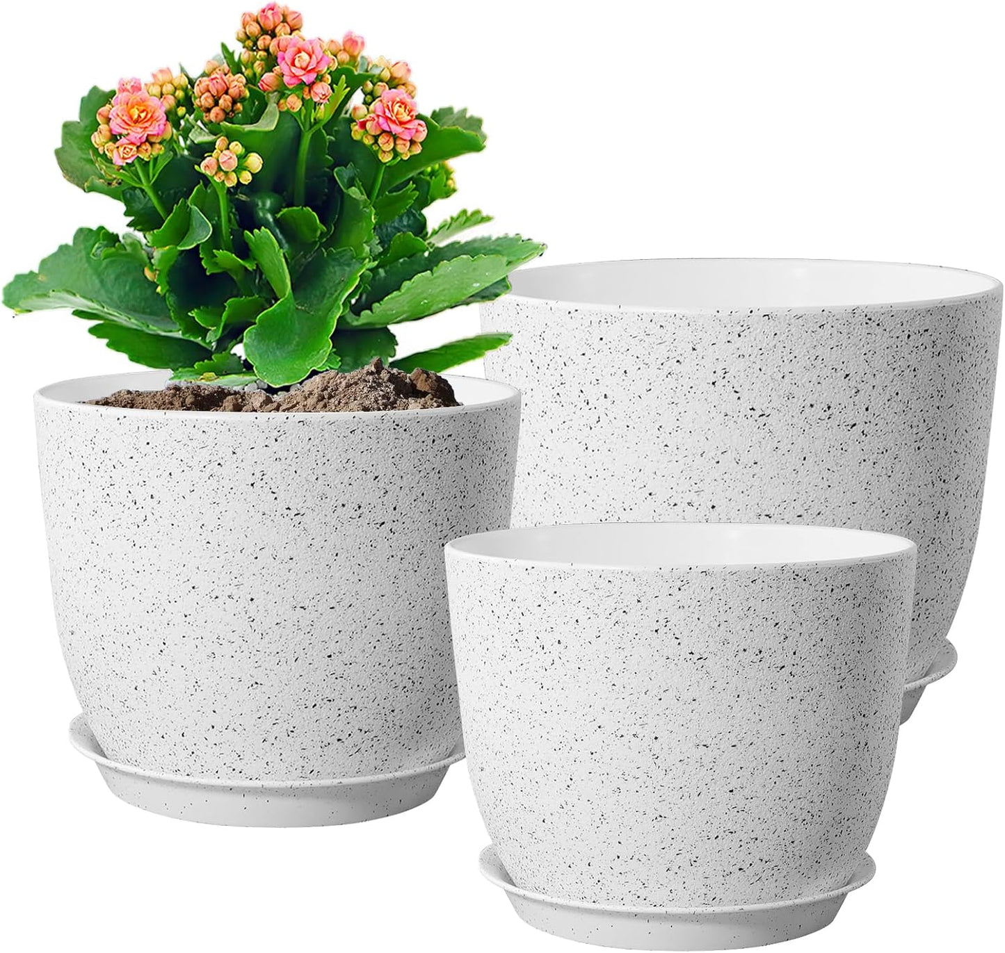 10/9/8 inch Medium Plant Pots, Set of 3 Modern Decorative Plastic Planters with Drainage Holes and Saucers for Garden House Plants, Flower Pots for Indoor Outdoor Plants, Speckled White