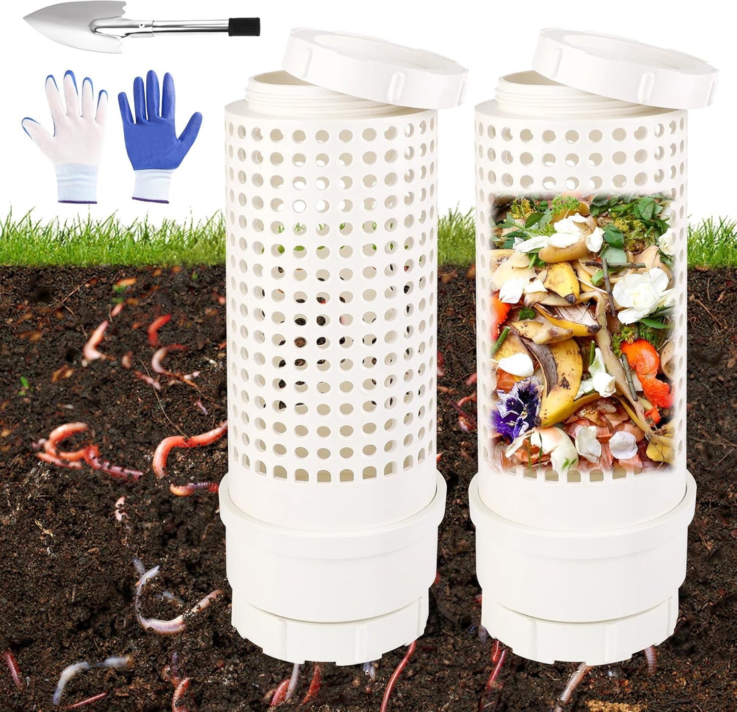 2 Packs Inground Worm Composter, Outdoor Worm Farm Compost Bin Kit with Lid for Raised Garden Beds, Reducing Food Waste Composting Systems - with Shovel & Gloves