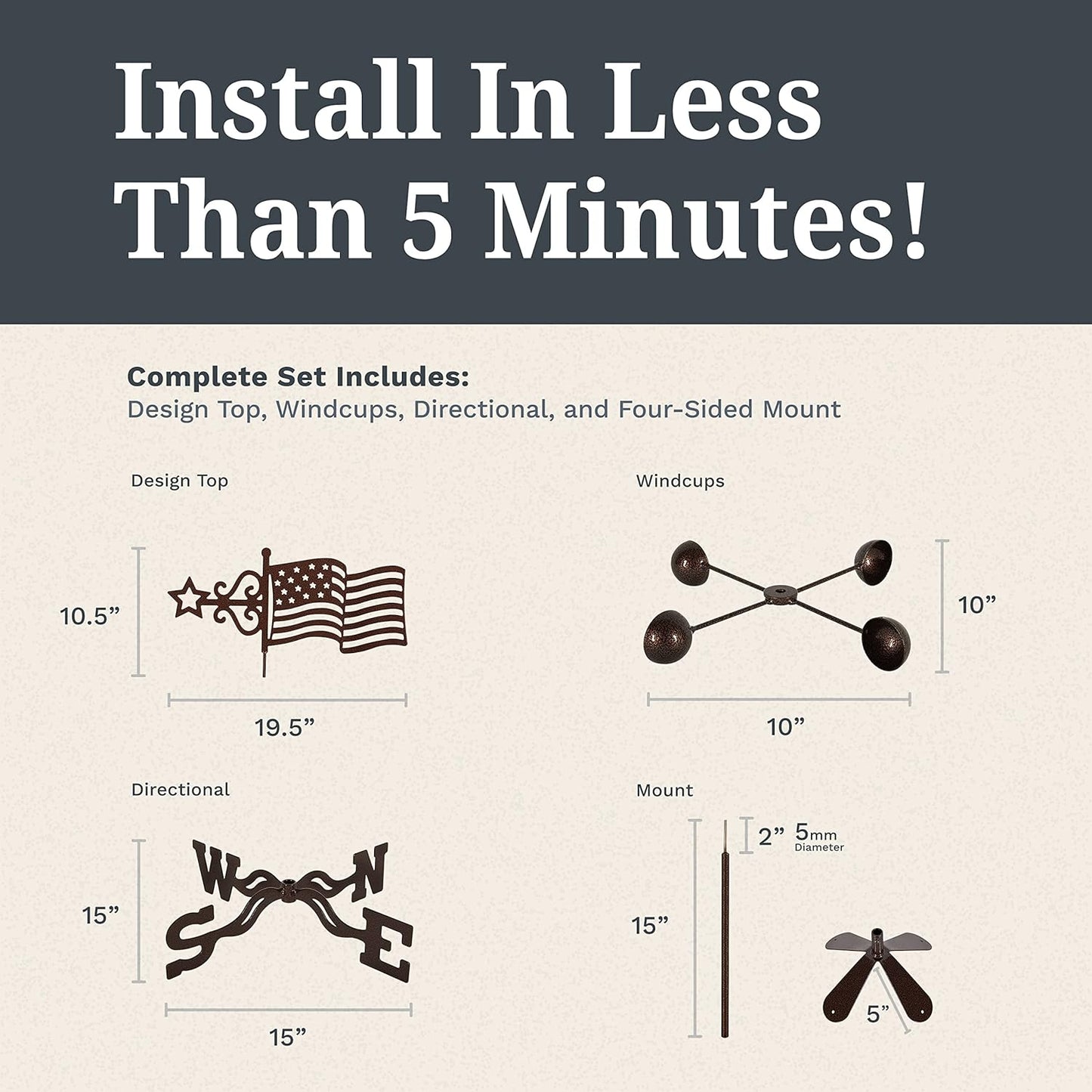 EZ Vane Steel USA Flag Weathervane 21” Height, Includes Metal 4-Sided Mount, Wind Cups & Brackets | Hand-Crafted and Family-Owned, Made in The USA with Triple Powder Coating, Limited