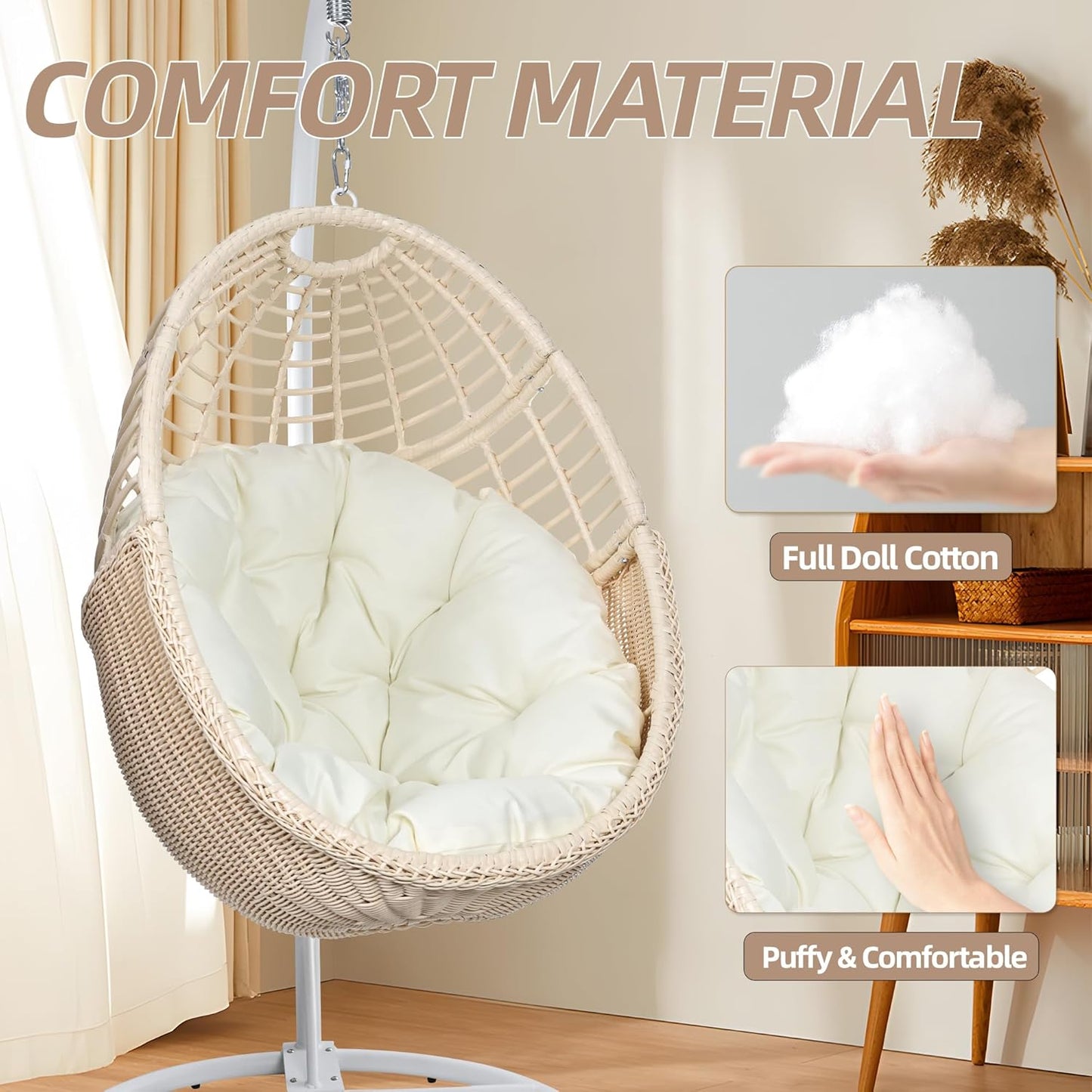 TWT Egg Swing Chair with Stand Hanging Egg Chair Outdoor - Rattan Wicker Patio Hanging Basket Chair Hammock Chair with Metal Frame and UV Resistant Cushion for Indoor Bedroom Balcony (Beige)