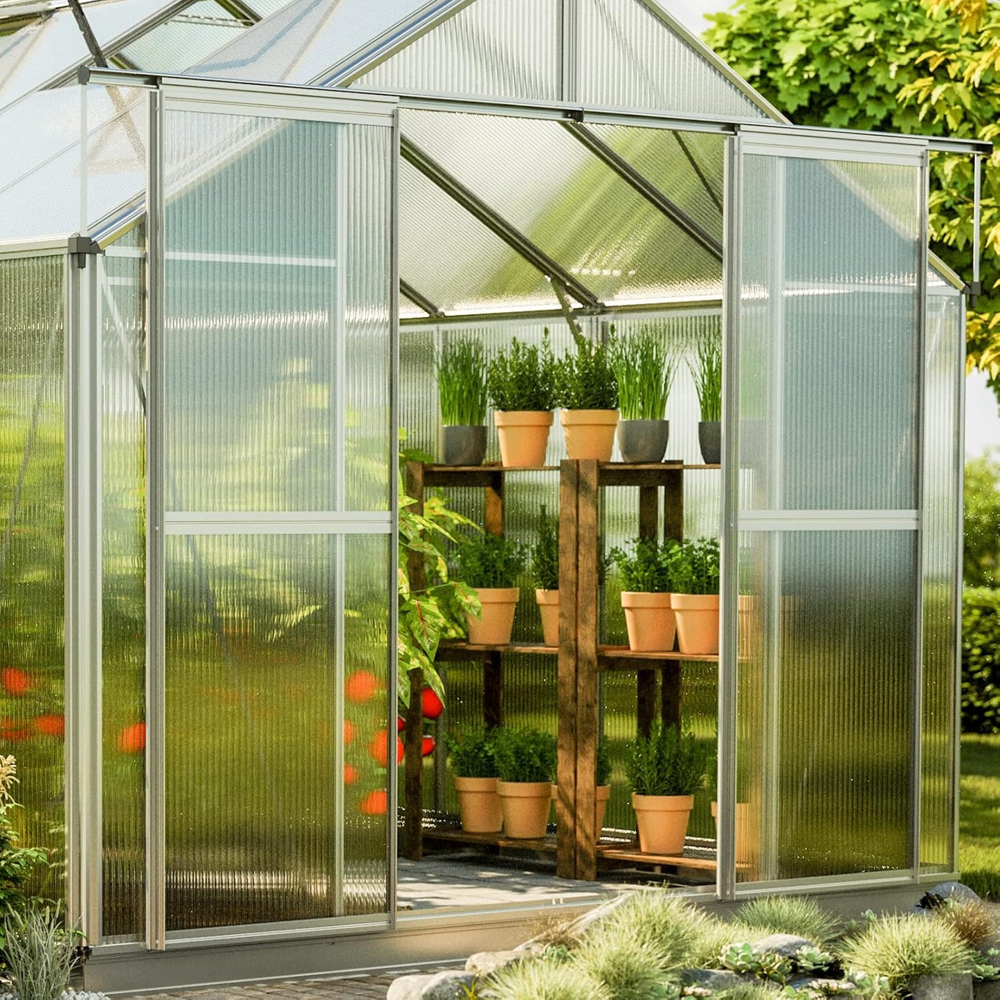 Greenhouse Topas 2 Aluminum Frame 7.4 x 4.4 ft Approx. 6 mm Polycarbonate Panels - with Bonus Base Frame and Automatic Vent Opener