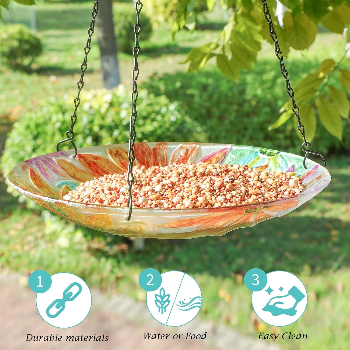 VCUTEKA Hanging Bird Bath, Glass Bird Baths for Outdoors Birdfeeder with 21 inch Rust-Proof Chain for Garden Yard Decor, Flower