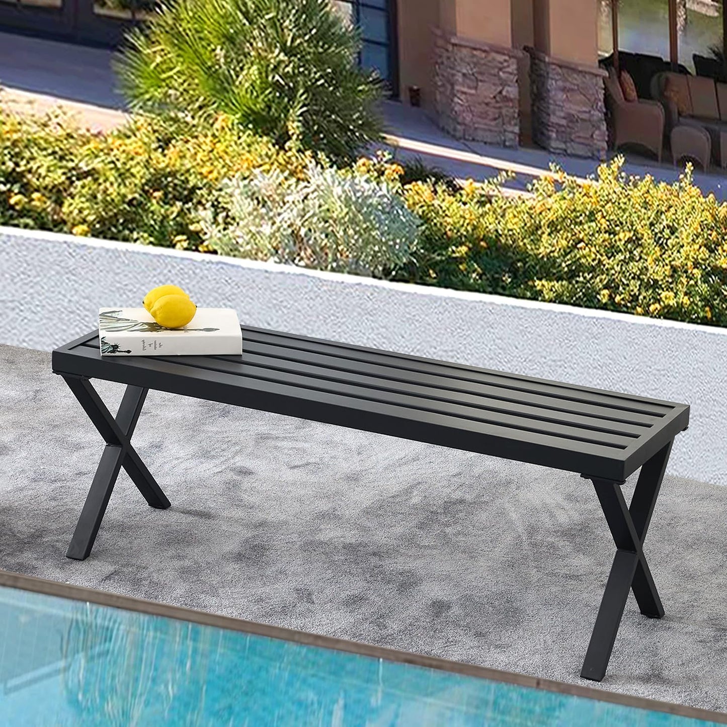Black Outdoor Bench, 46" Outdoor Metal Backless Bench for Outdoor, Patio Garden Bench, All Weather Outdoor Bench with cors for Garden, Backyard, Porch, Black