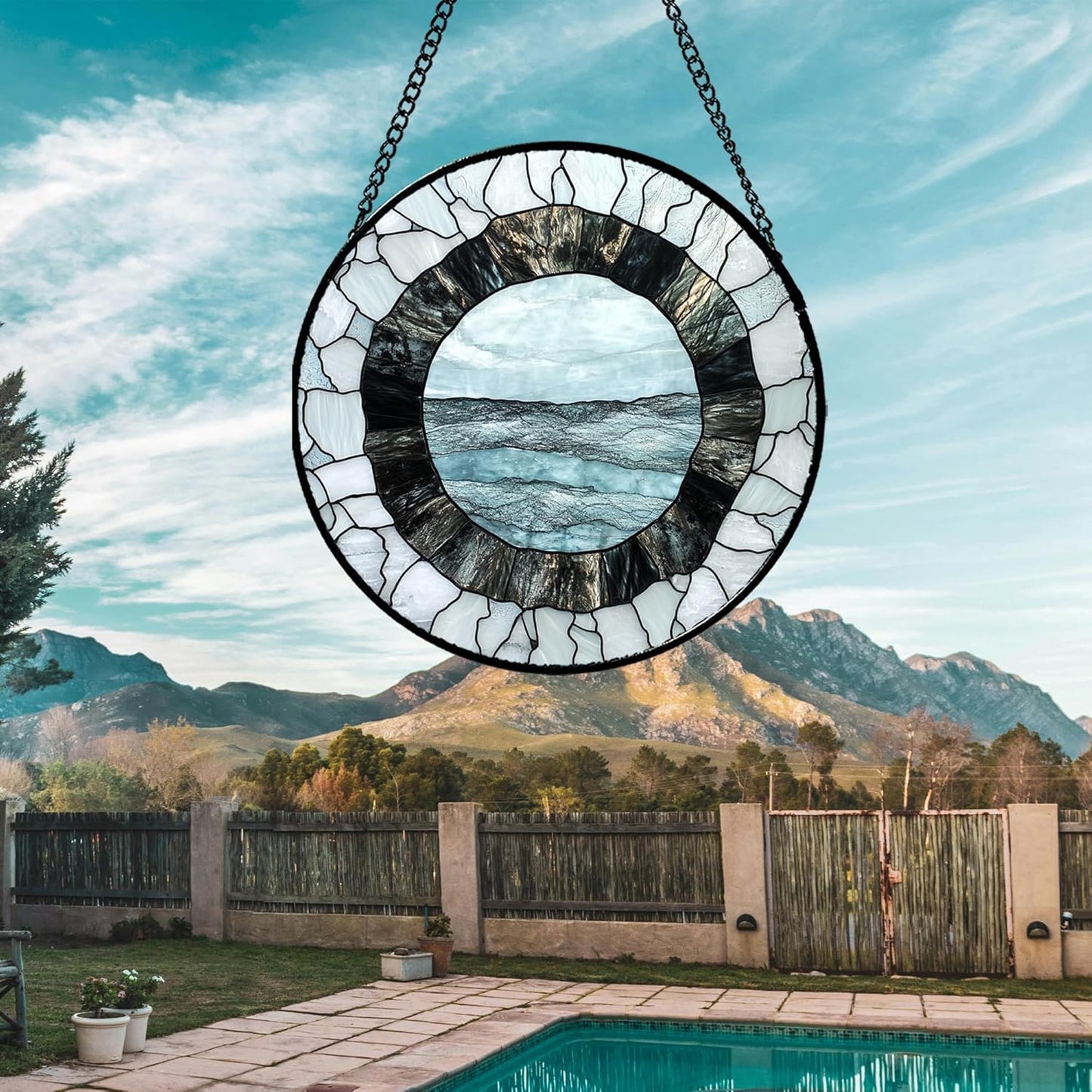 Stained Glass Window Hanging - Abstract Sea Surface Suncatcher for Doors Garden Patio Round Sun Catchers Decor Christmas Mother's Day Birthday Gifts for Women Men Mom Nana Friend 9.8 in