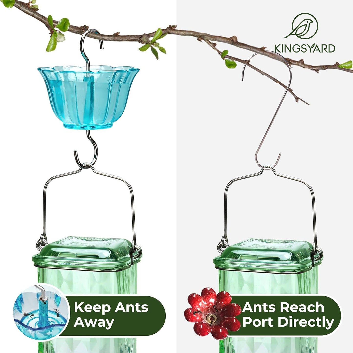 Kingsyard Glass Hummingbird Feeder for Outdoor Hanging, 24 Ounces, 6 Feeding Ports, Bird Nectar Feeder for Garden Décor, Ant Moat Included, Green & Blue