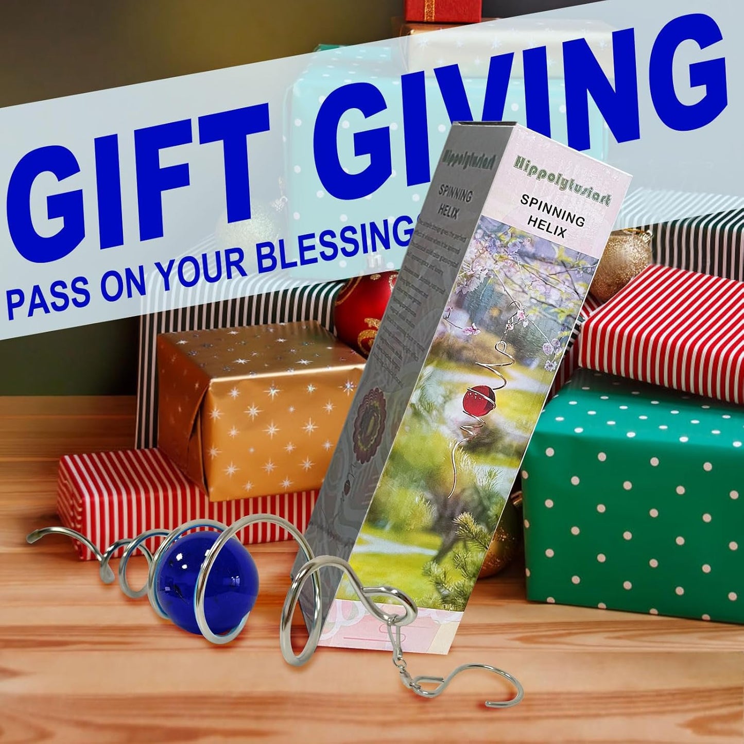 Gazing Ball Spiral Tail,Wind Spinner Tail with Dark Blue Glass Orb,Wind Spinners Stabilizer,Visual Illusion in Spinning Hanging Rotating Art Decor,Indoor Outdoor Garden Decoration-13in