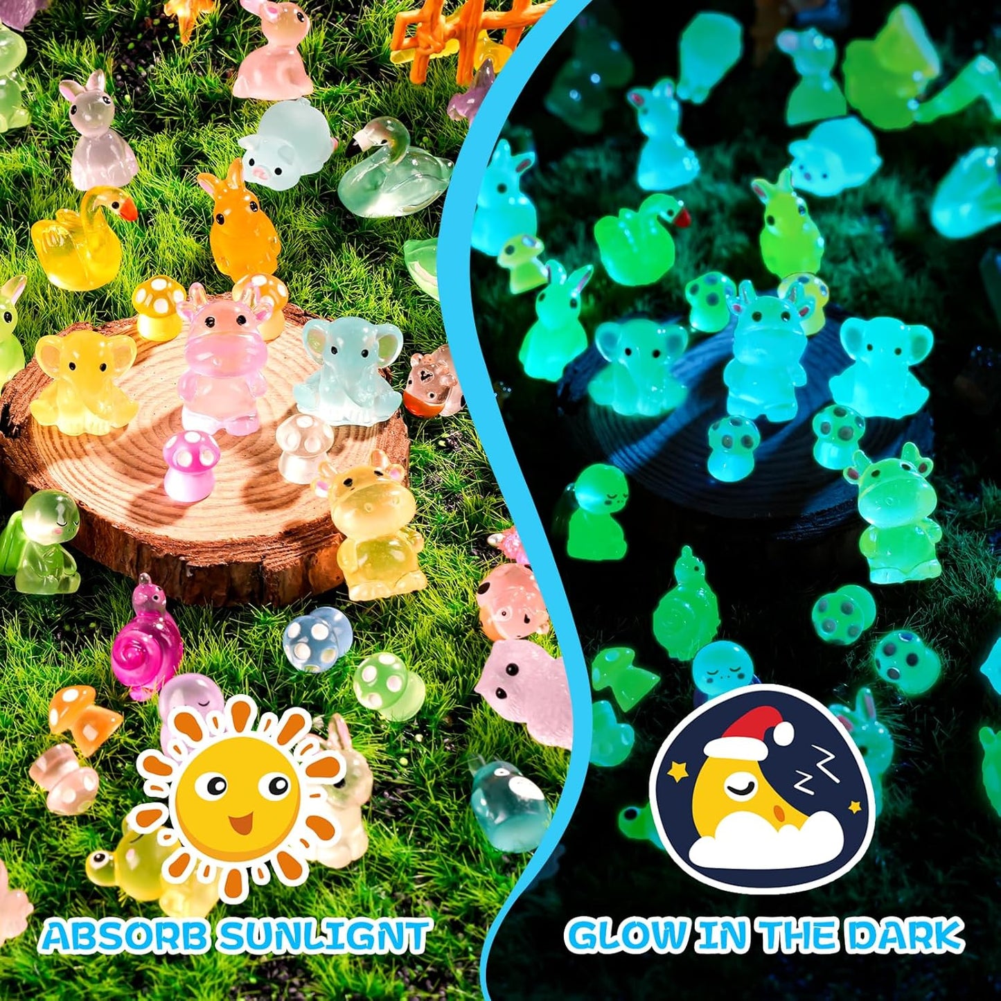 300 Pcs Luminous Mini Resin Animal in The Dark Mini Resin Figurines with 25 Styles Duck Frog Rabbit Owl Mushroom Shapes for Fairy Garden Accessories Micro Landscape Bonsai Aquarium Outdoor Decor