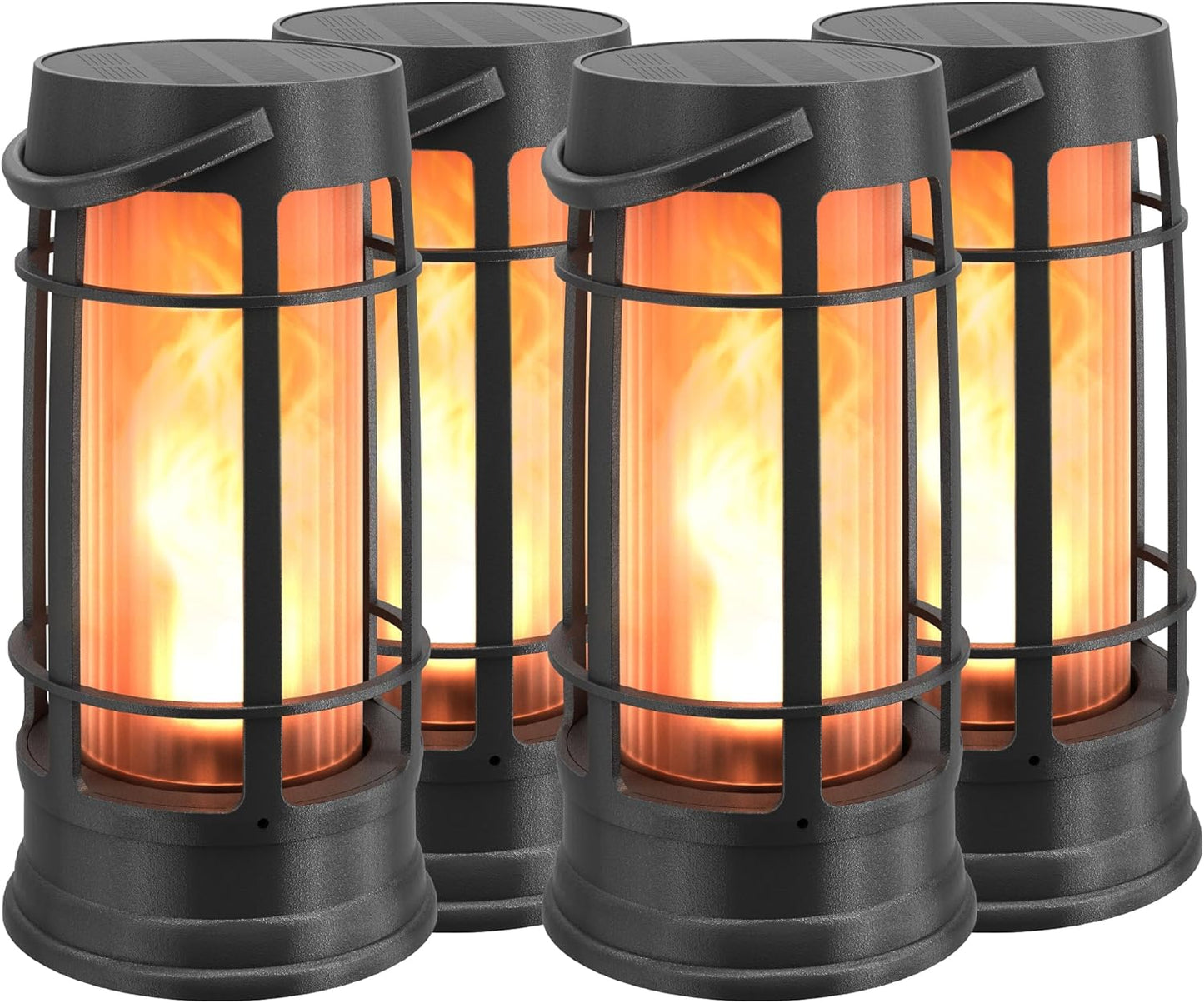 Metal Outdoor Solar Lantern, Flickering Solar Lanterns Outdoor Waterproof with Patented LED, Outdoor Lanterns for Porch, Patio, Garden, Tabletop, Hanging Use, Matte Black (4 Pack)