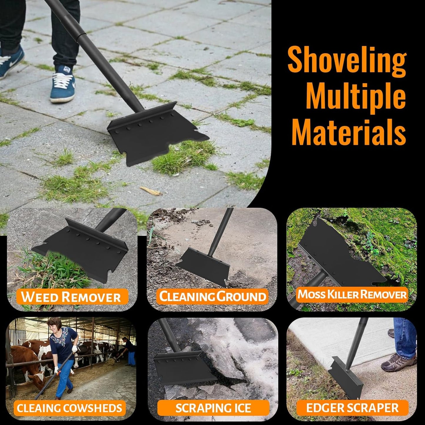 Garden Flat Shovel Scraper, Multifunctional Garden Cleaning Shovel with 59 Inch Long Handle, Heavy Duty Outdoor Floor Scraper for Weed Cleaning,Trenching,Edging and Removing Snow,Ice,Weeds,Dirty,Moss