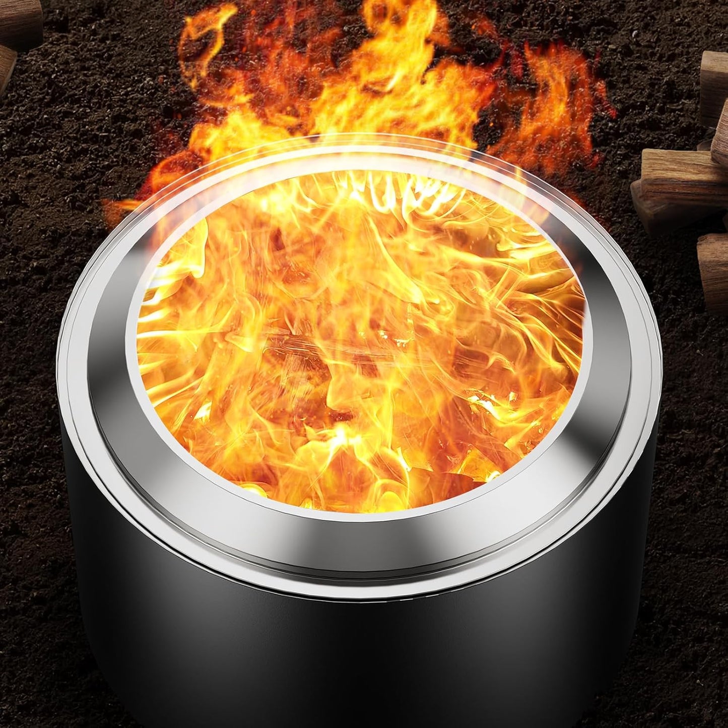 22 inch Smokeless Fire Pit with Waterproof Cover, Stainless Steel Outdoor Smokeless Firepit, Wood Burning Fire Pits for Camping, Bonfire,Low Smoke Firepit for Outside[Black]