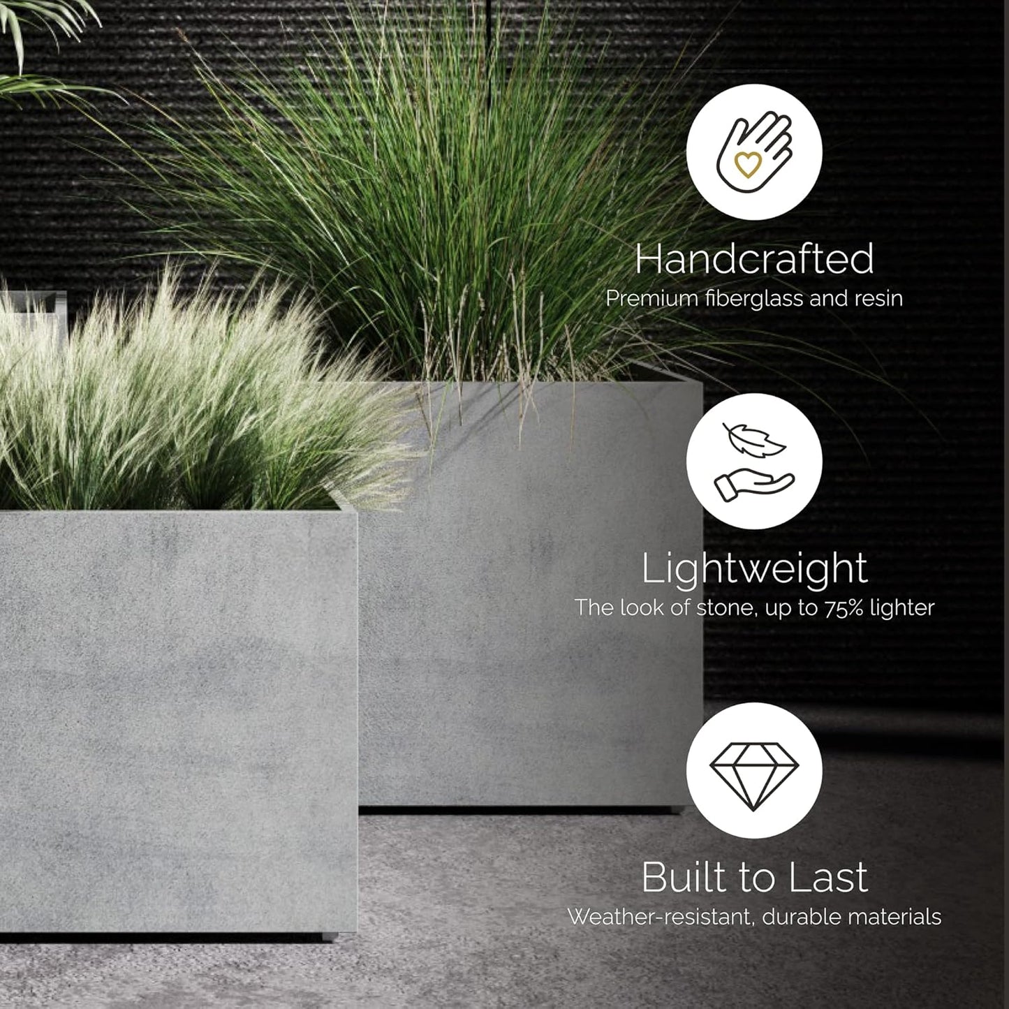 Reglito Cube Planter – Fiberglass Indoor/Outdoor and Weather-Resistant Large Planter (Grey Stone, 39.4" L x 39.4" W x 40" H)