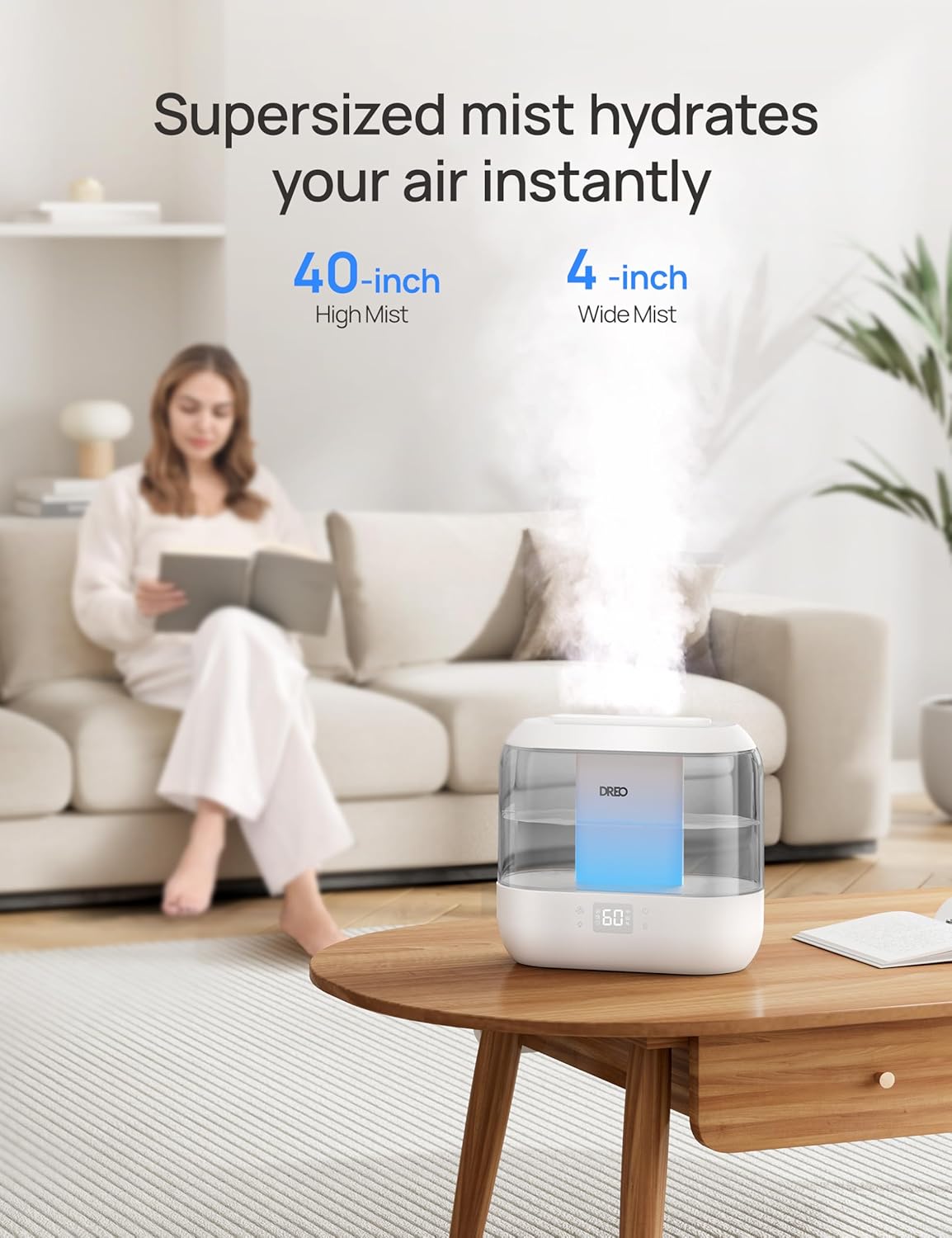 Dreo Smart Humidifiers for Bedroom, Top Fill 4L Cool Mist Humidifier with Nightlight, 36H Runtime, Touch/APP/Voice Control, Quiet Ultrasonic Humidifiers for Large Room, Home, Baby, Plants, Office