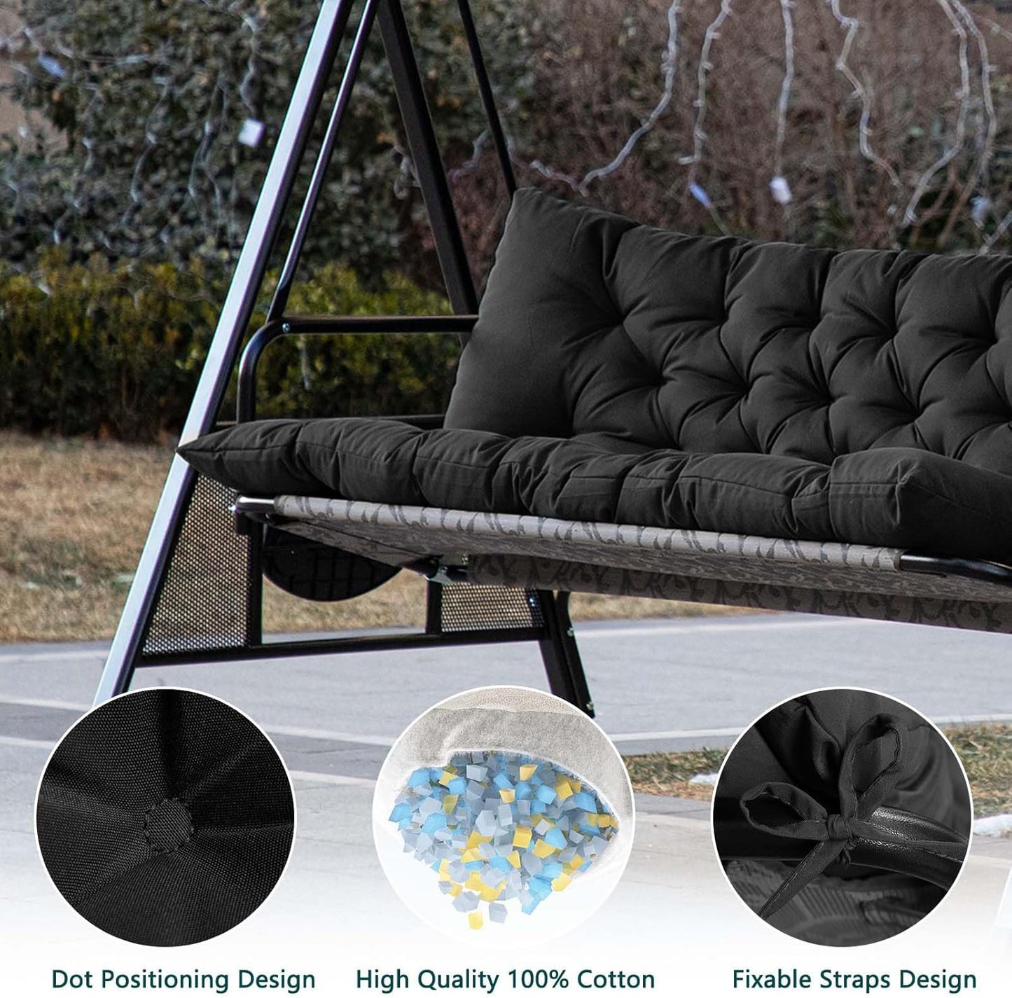 Porch Swing Cushions,Outdoor Cushions 3 Seater Replacement with Backrest, Waterproof Thickened Bench Cushion with Ties for Porch, Patio,Outdoor, Backyard and Garden (Black 60 * 40 in)