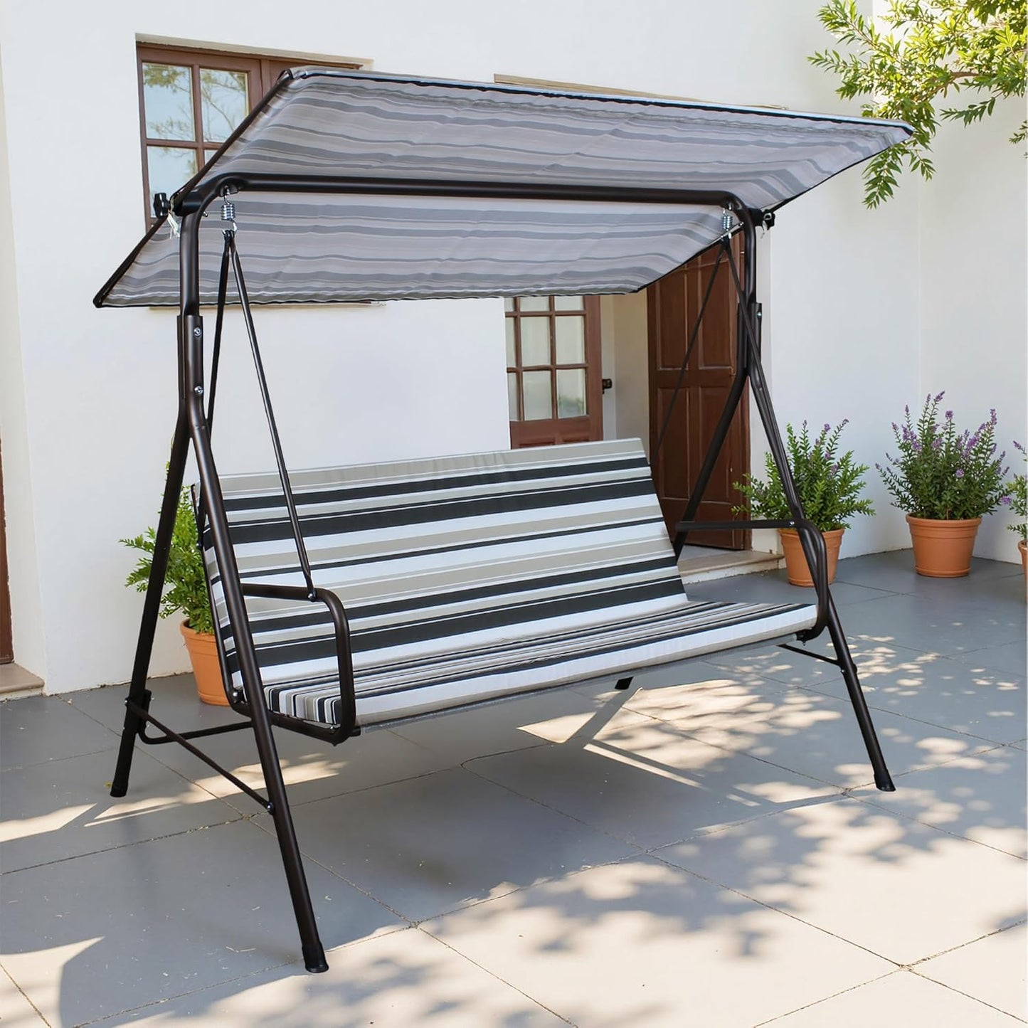 SUNJOY Outdoor Porch Swing, 2 Seat Patio Metal Porch Swing Seats with Adjustable Canopy and Removable Cushion for Garden, Poolside, Backyard, Bronze - Made in Italy